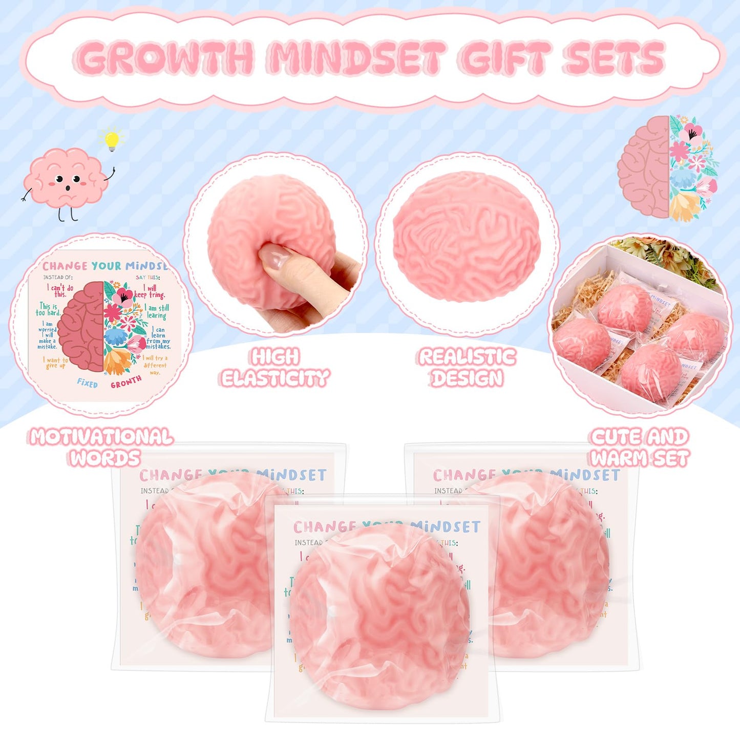Hollowfly 72 Set Growth Mindset Gift Brain Stress Balls Bulk with Motivational Cards Back to School Stress Balls Gifts Funny Relief Toy for Students Classroom Employee Appreciation for Coworker