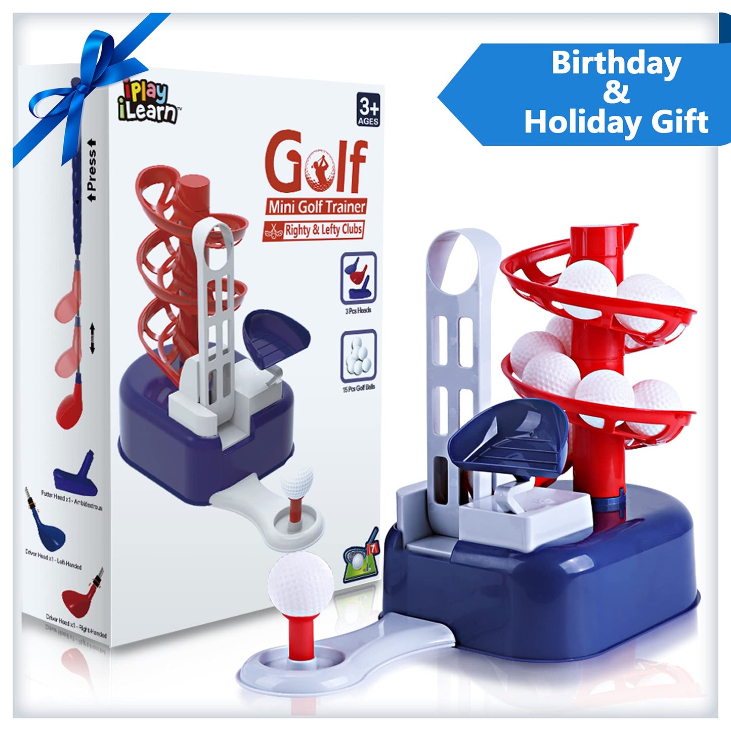 iPlay, iLearn Kids Blue Golf Toy Set W/Left & Right Club Head, Boy Outdoor Sport Toy Age 3-5, Toddler Indoor Golf Ball Game, Child Active Exercise Yard Play, Birthday Gifts for 4 6 7 8 Year Olds Girl