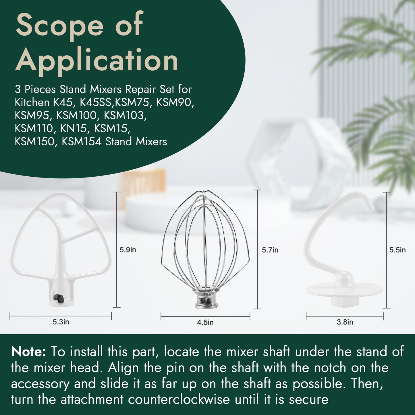 3 Pieces Stand Mixers Repair Set for Kitchen Tilt-Head Stand Mixers K45DH Dough Hook K45B Coated Flat Blade Paddle K45WW Wire Whip Compatible with kitchen aid Mixers Accessories by AMI PARTS