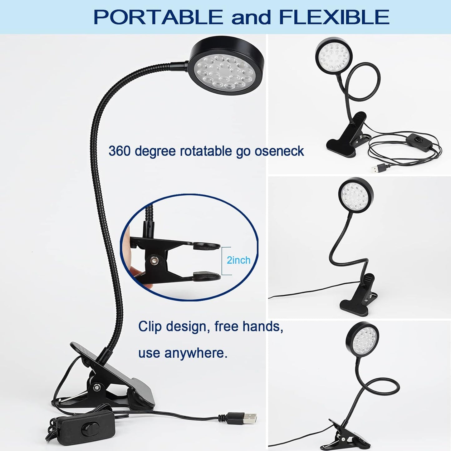 UV LED Black Light Clamp Light with USB, Upgraded 5W 395nm Portable Gooseneck Lamp with Clip for Gel Nail, Pet Urine Detection, UV Glue Curing, Blacklight Posters, Fluorescent Paint, Resin Art