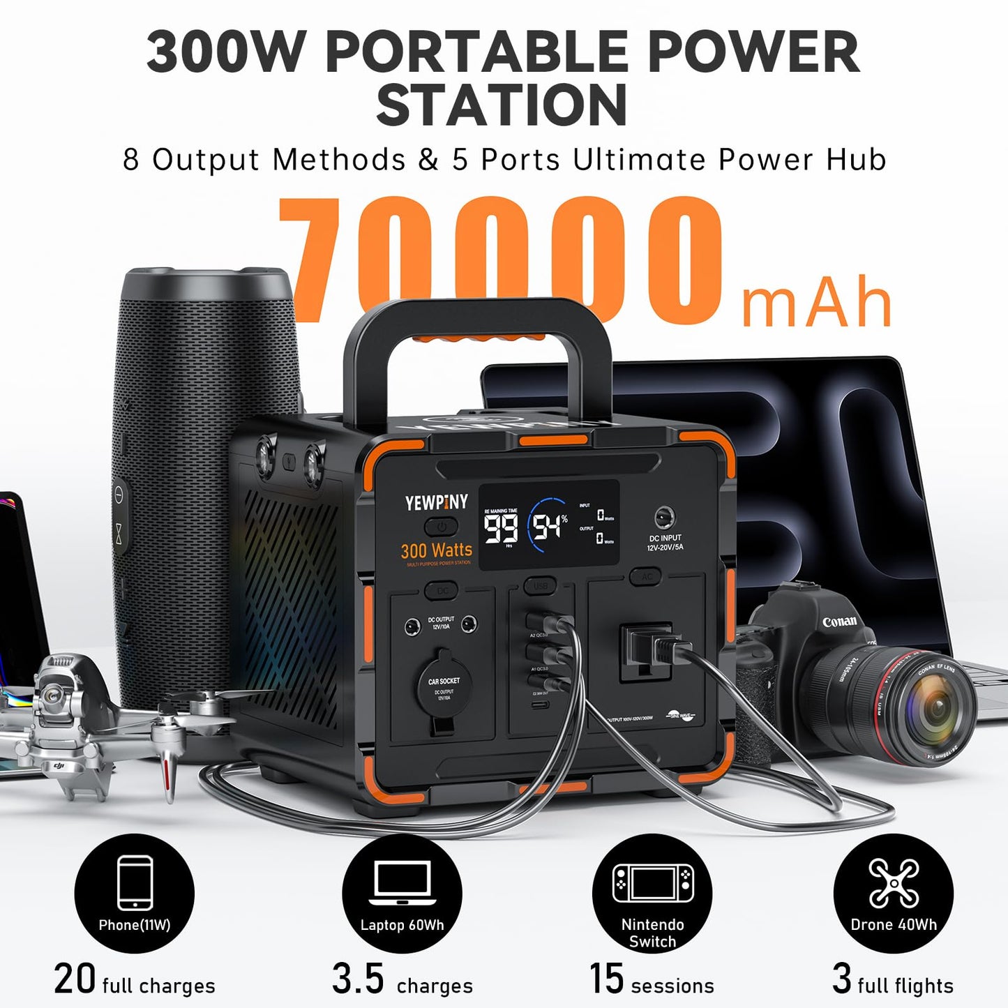300W Portable Power Station, Solar Generator 259Wh, 70,000mAh LiFePO4 Battery with 65W USB-C PD&Pure Sine Wave AC, Solar Charging for Camping,Home Backup,Emergency Power(SOS Light & LCD Display)