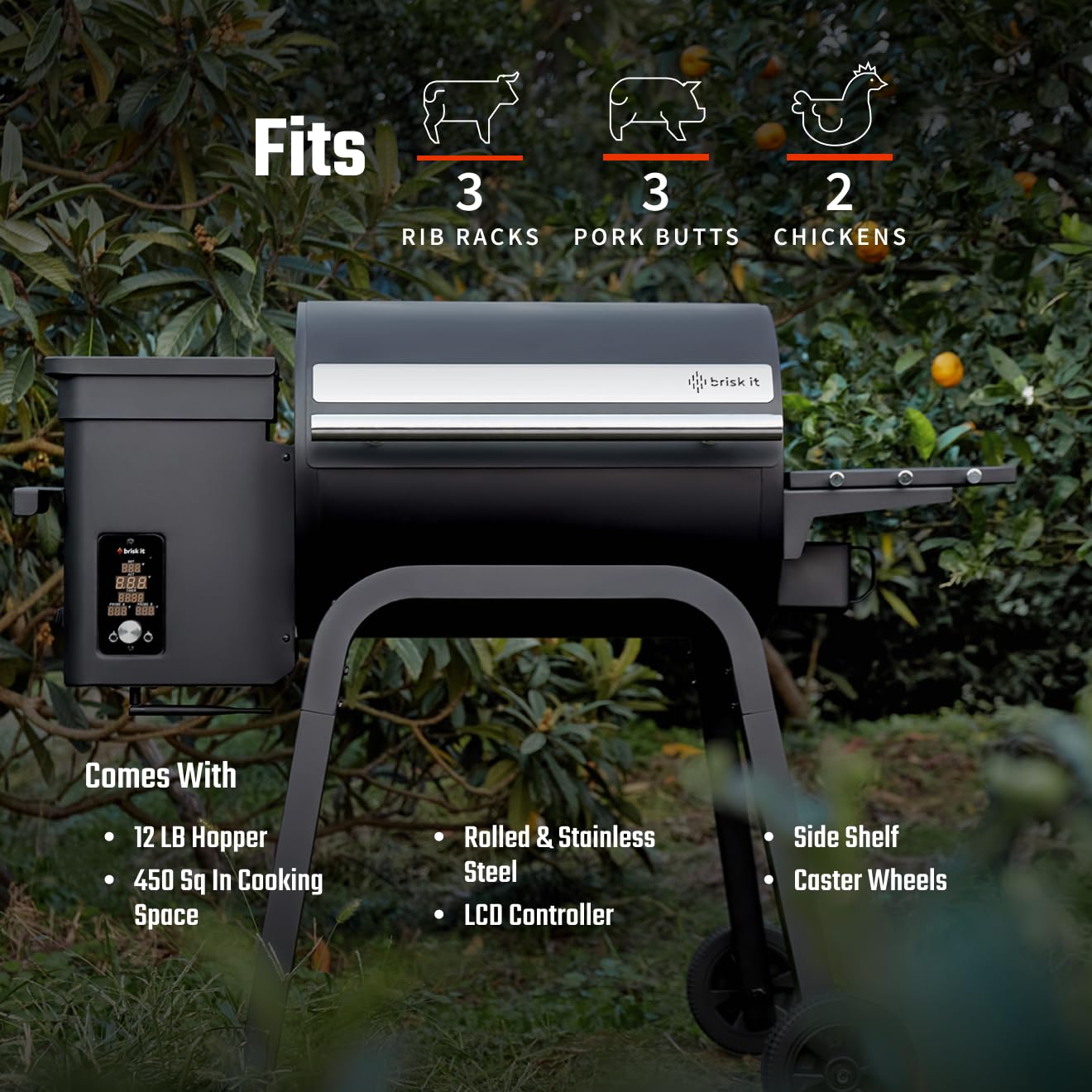 Brisk It Zelos-450 Electric Wood Pellet Smoker Grill With Grill Cover– A.I. Smart BBQ Grill with WiFi, 450 sq.in Cooking Area,7-in-1 Outdoor Grill & Smoker, PID Controller (Up to 500°F), Meat Probe