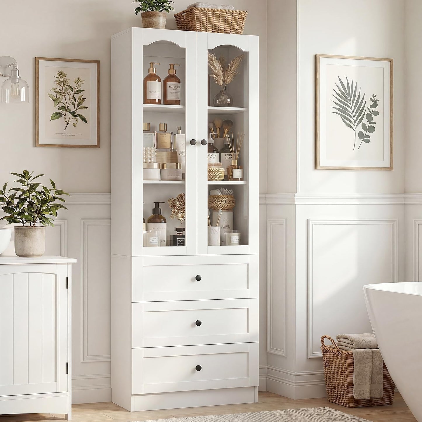Cyclysio 80" Tall Pantry Cabinet for Kitchen Storage, White Pantry Cabinet with Glass Doors & 3 Drawers - Freestanding Storage Bookcase with Built-in Baseboard Notch for Dining, Living Room