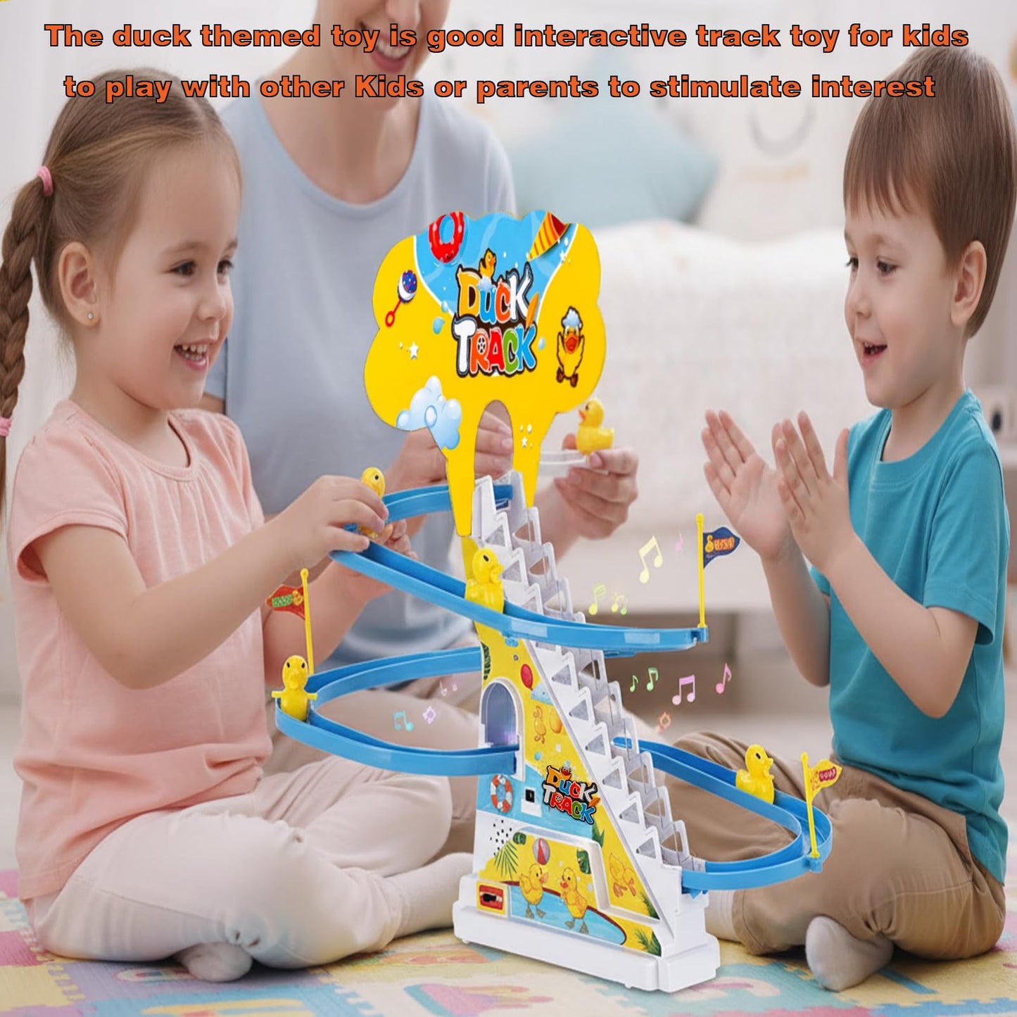 Small Ducks Climbing Toys, Electric Llittle Duck Climbing Stairs Toy, Funny Roller Coaster Track with 3 Ducks LED Lights & Music Button, Small Duck Slide Toys for Children Kids and Baby (C)