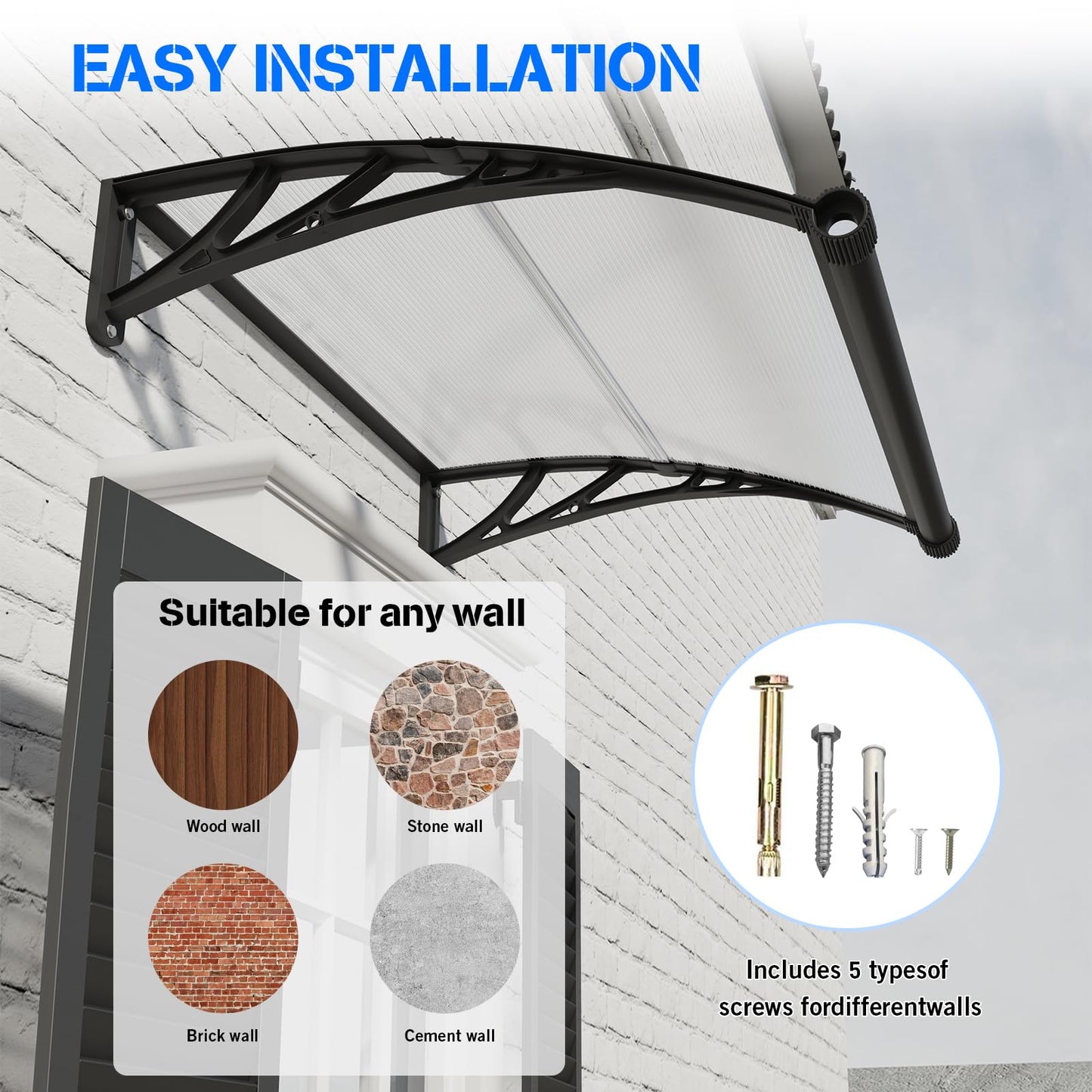 Awning for Door Entrance with Drainage Sink,40x80 Inch Awnings for Doors,Window Canopy Exterior with Plastic Steel Bracket,Polycarbonate Cover,UV,Rain,Snow Protection for House,Porch,Patio,Deck