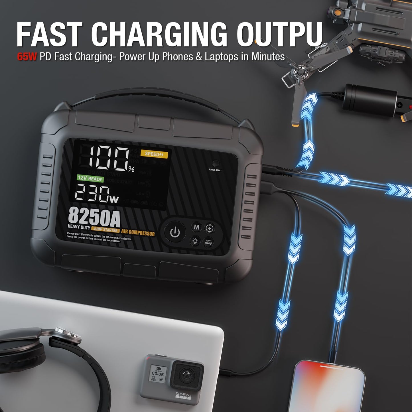 JFEGWO CS02-8250A Jump Starter Heavy Duty with Air Compressor (All Gas/12L Diesel), 118Wh 150PSI Portable Car Truck Jump Pack, 12V Lithium Jump Box Battery Booster Pack 65W Fast Charging LED Display