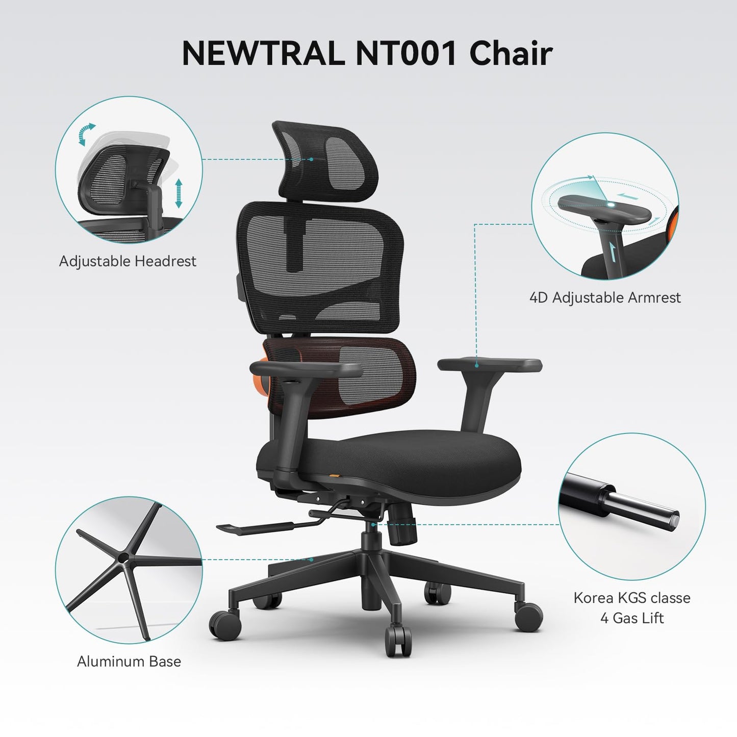 Newtral Office Chair Ergonomic - Home Office Desk Chair, Back Pain Chair with Auto-Following Lumbar Support, 4D Armrest, Seat Depth and Height Adjustable