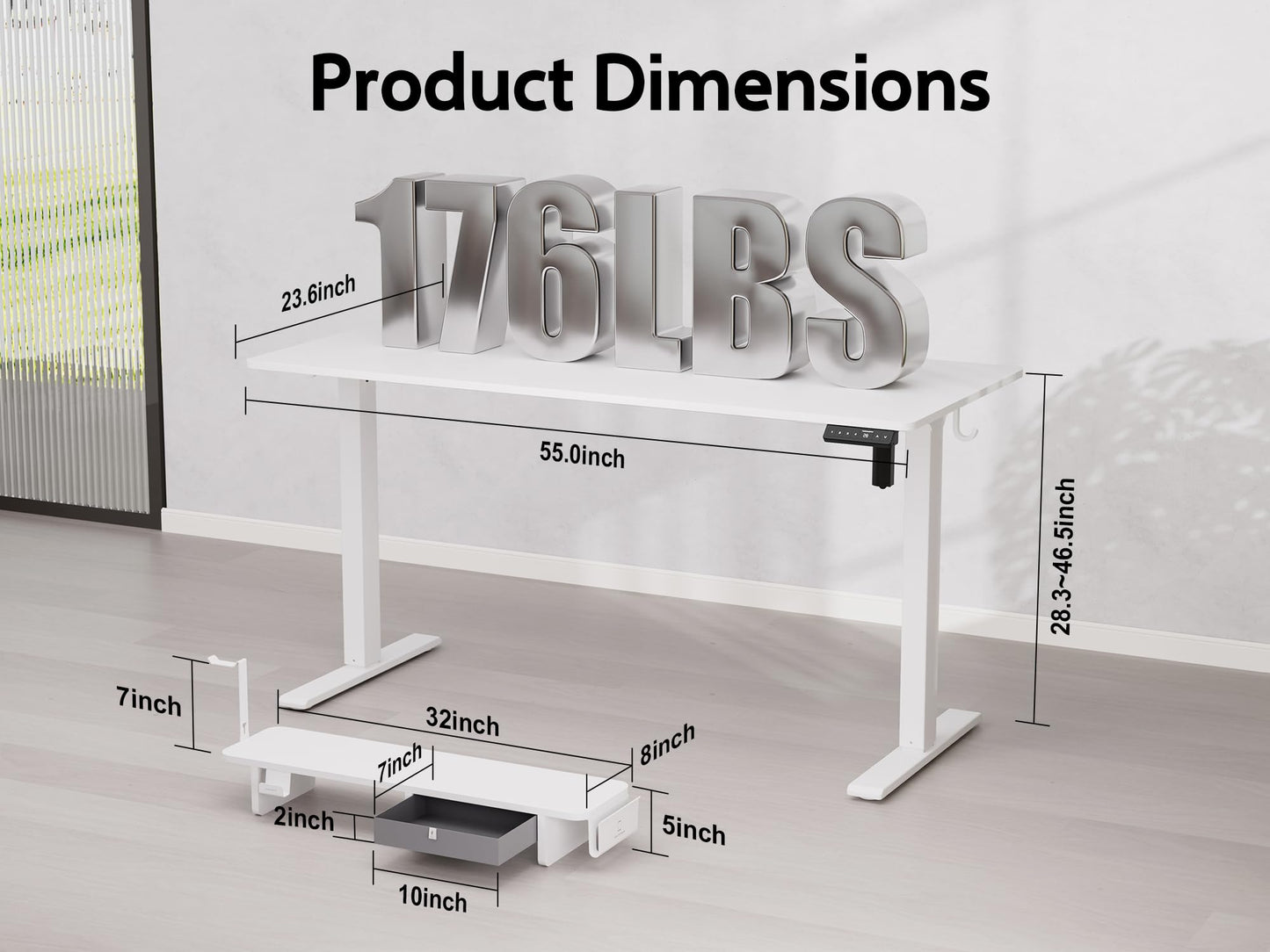 WALKINGDESK 55x24 Inches Electric Standing Desk with Drawer and Monitor Stand, Height Adjustable Stand up Desk for Home Office, Ergonomic Sit to Stand Table with Phone Holder, 3 Hooks, White