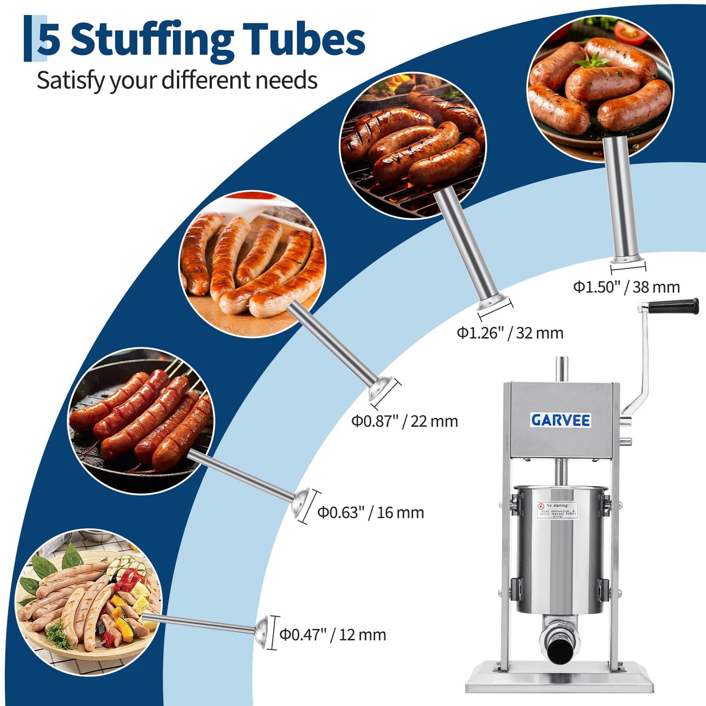 Garvee 7LB/3L Sausage Stuffer - 304 Stainless Steel Manual Sausage Maker with 2-Speed Gear & Torque Adjustment - Includes 5 Filling Tubes & Cleaning Kit for Home and Commercial Use