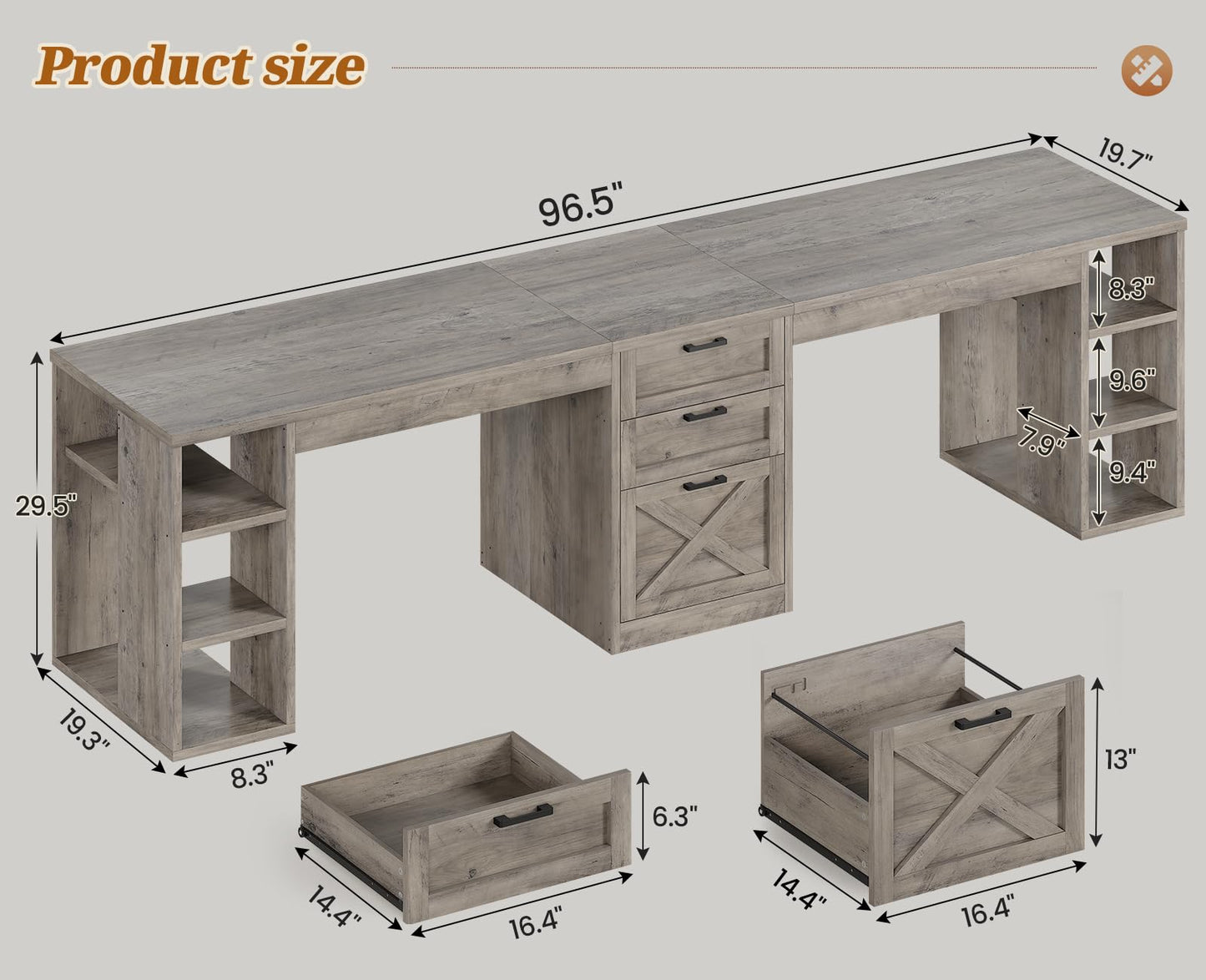 SEDETA Farmhouse 96.5" Computer Desk with Drawers, 2 Person Home Office Desk, Gaming Double Desk with Storage Shelves, Long Two Person Writing Desk (Grey)