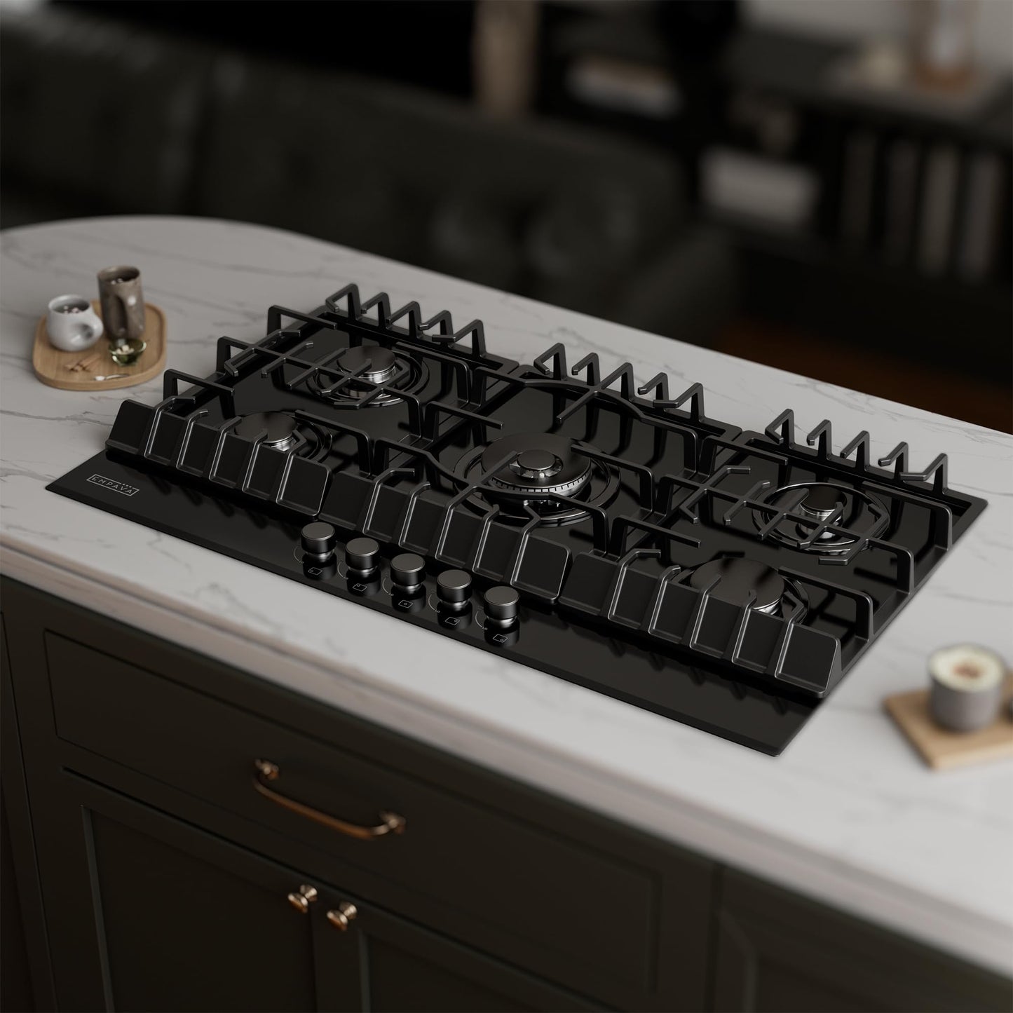 Empava 36" Cooktop with 5 Italy Sabaf Sealed Burners NG/LPG Convertible Tempered Glass in Black Model 2025, Gas 36In