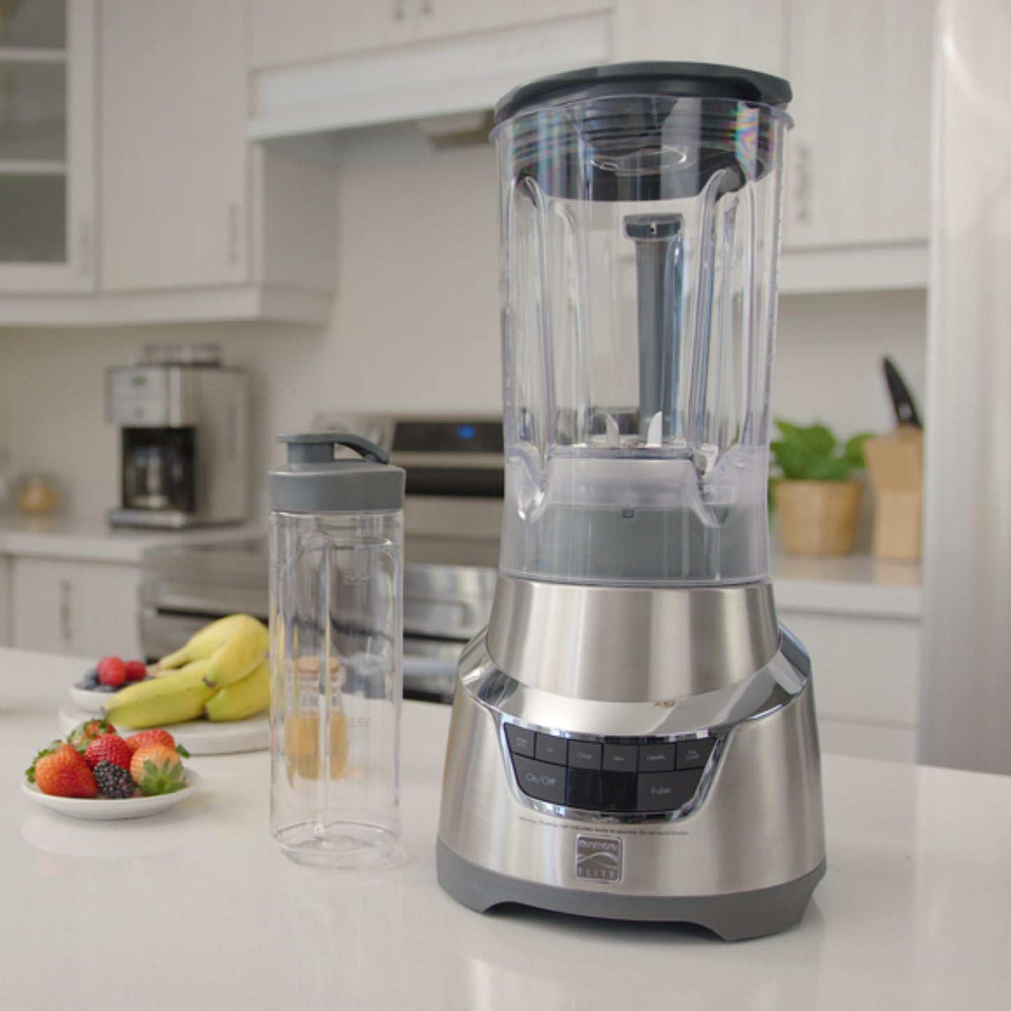 Kenmore Elite 1.3 HP 64 oz Blender With 20 oz Single-Serve Blending Cup, Powerful Ice-Crushing Motor, 8-Cup (1.9L) Tritan Pitcher, 20 oz (600 mL) Travel Cup with To-Go Lid, Grey and Stainless Steel