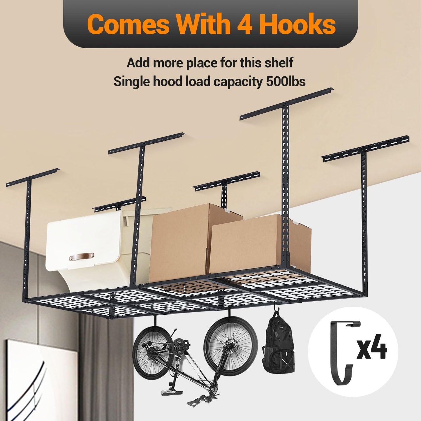 EliteEdge 【3x8 Ft丨600 LBS Capacity 】 Heavy Duty Garage Ceiling Storage Racks - Height Adjustable Overhead Garage Storage Rack Organization - Ceiling Mounted Storage Racks