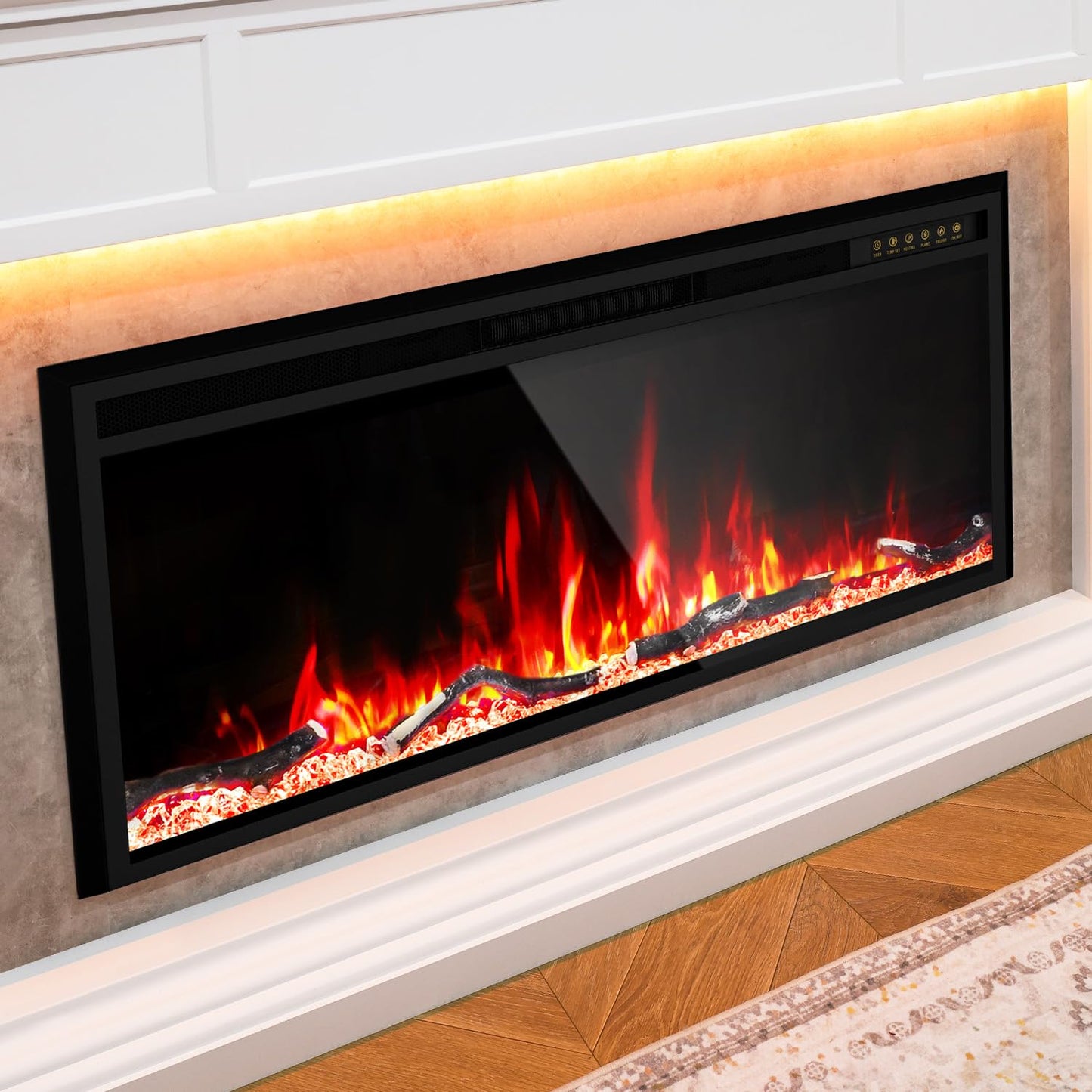 Electric Fireplace Mantel with Grey Marble Finish, 69” Fireplace TV Stand with 42”Electric Fireplace Heater, Remote Control, Adjustable Led Flame, Corner Fireplace for Living Room, Bedroom, White