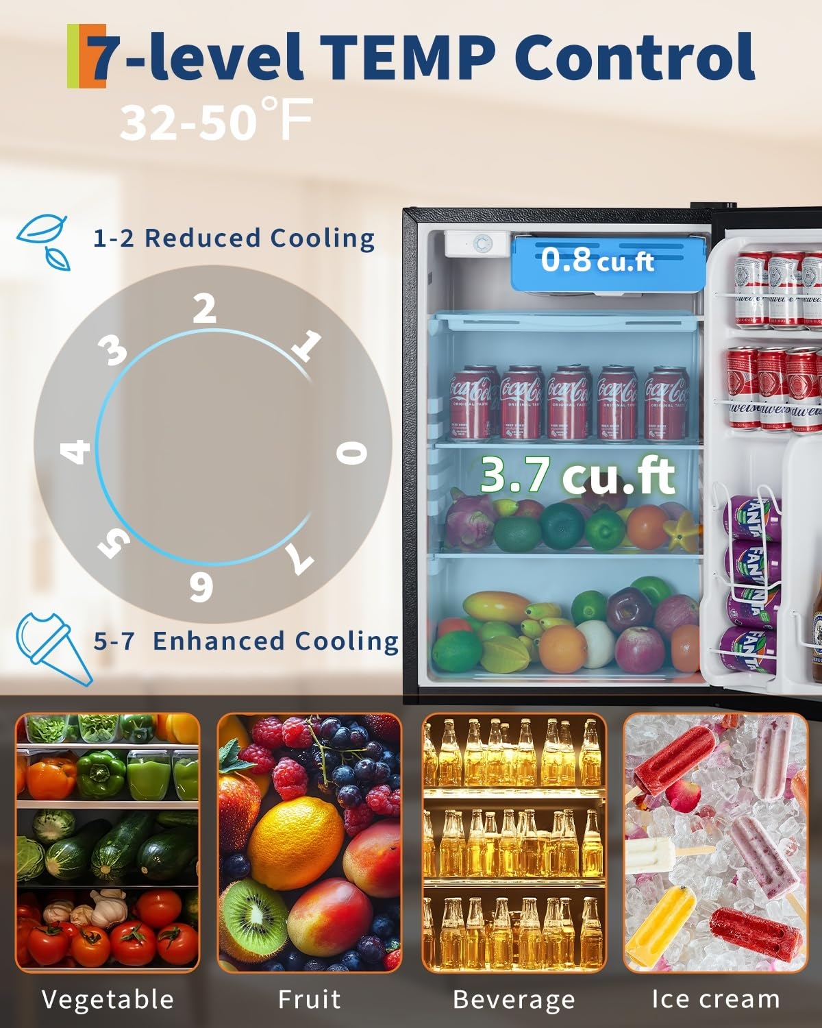 GarveeHome 4.5 Cu.Ft Mini Fridge with Freezer, Low Noise< 38dB, Compact Refrigerator w/Reversible Door, Adjustable Thermostat Energy-Efficient, Small Fridge for Bedroom, Office, Dorm