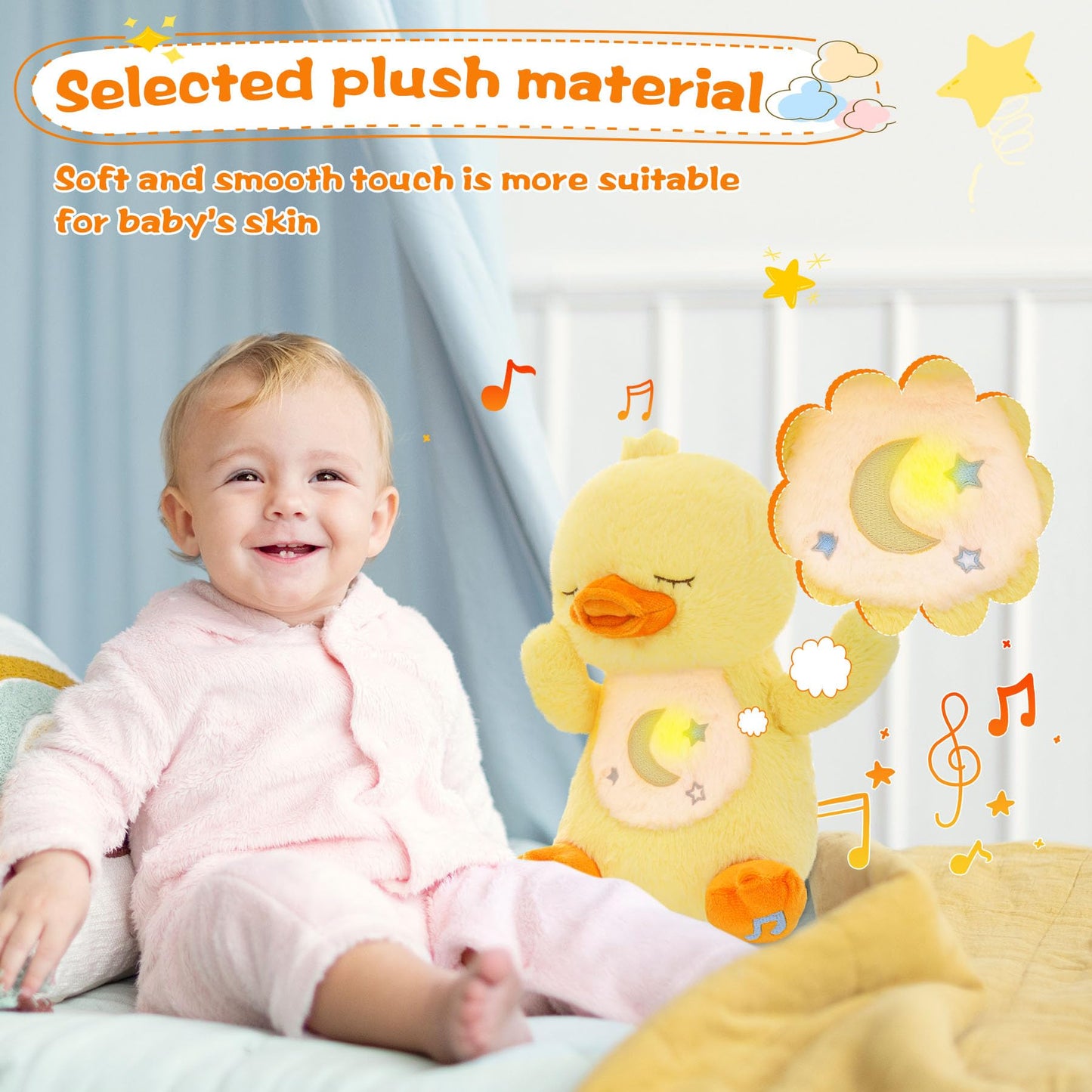 MIAODAM Soothing Cuddle Plush Toy, Breathing Stuffed Animal Duck Plush with Realistic Breathing Action and Relaxing Music, for Babies and Toddlers, Hugging Plush for Emotional Comfort
