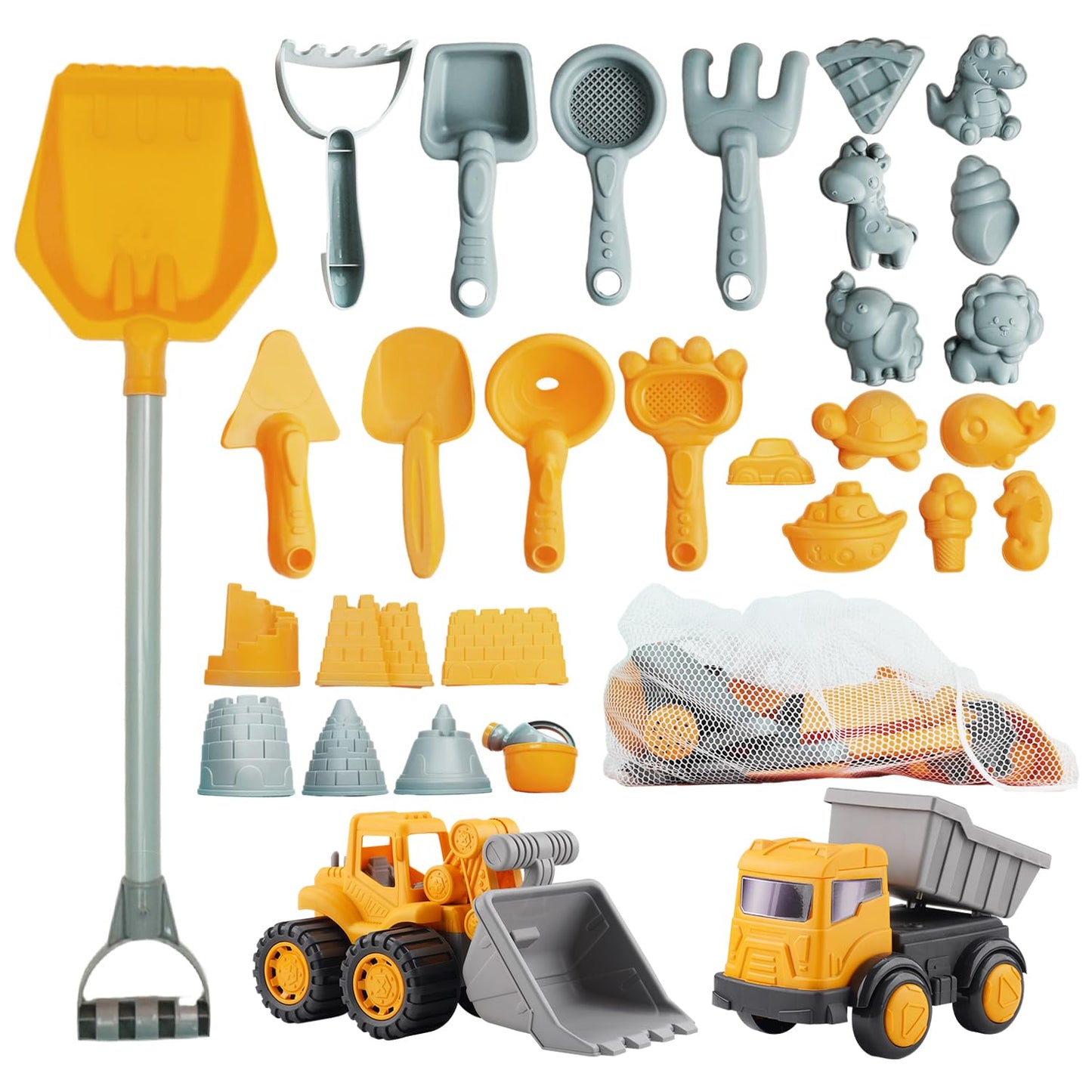 IOKUKI Long Shovel Sand Beach Toys with Big Excavator Toy, Dump Truck Toy, Construction Toys, Sand Castle Toys for Beach, Beach Rakes, Molds, Mesh Beach Bag for Kids, Toddlers, Boys & Girls (31 PCS)