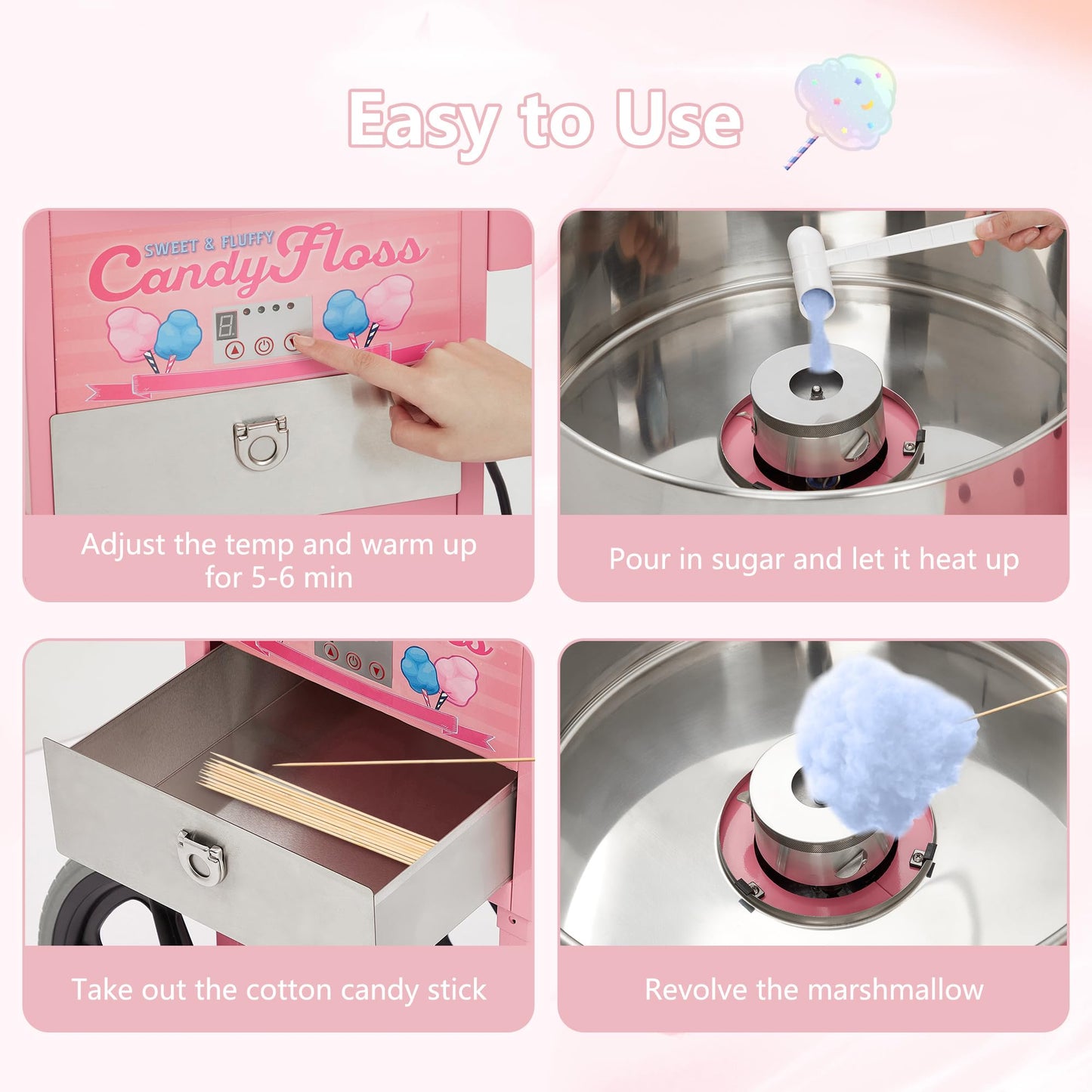 Electric Candy Cotton Machine for Kids with Cart Commercial Candy Cotton Maker with 20 in Stainless Steel Bowl Party Home Festival Pink