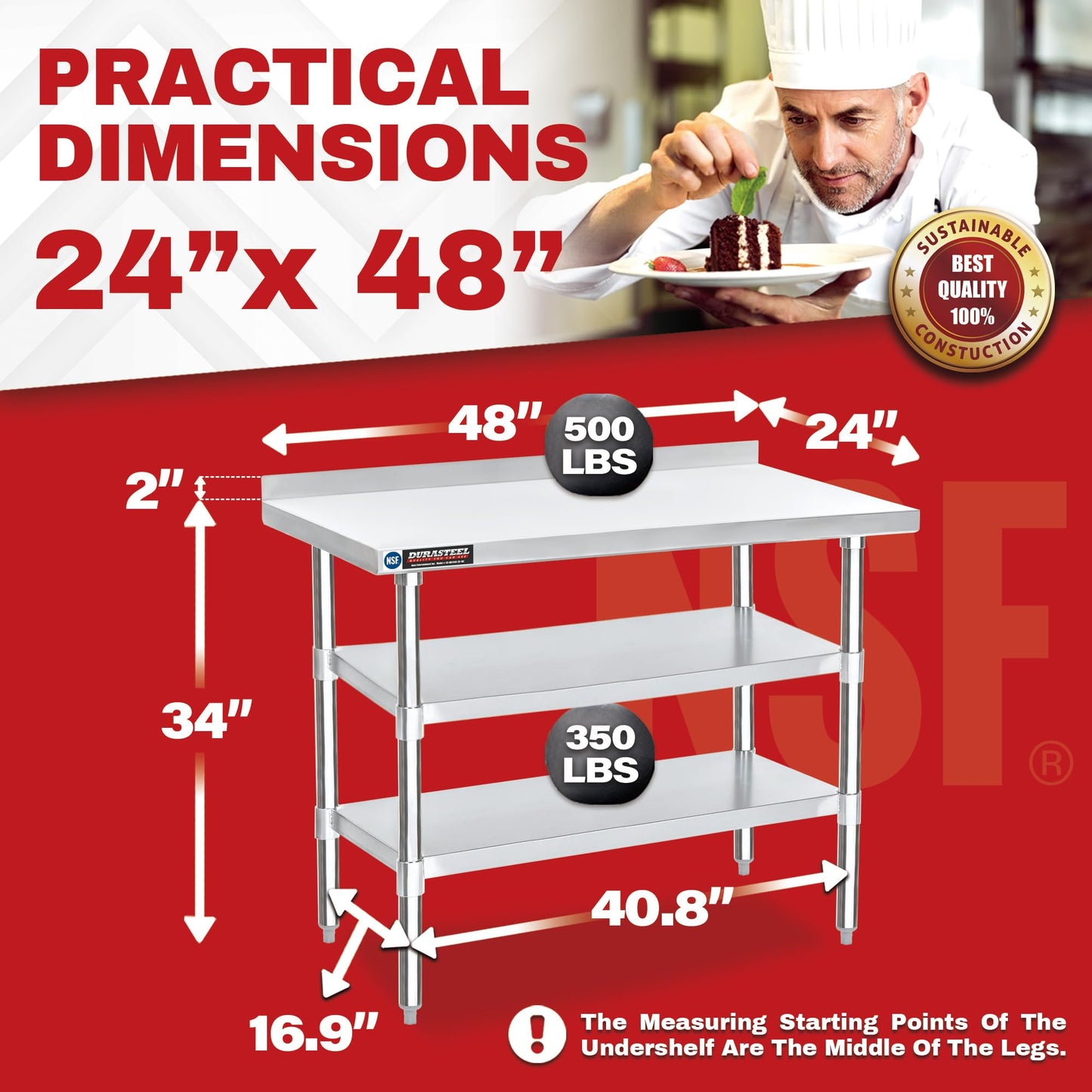 DuraSteel NSF Commercial Kitchen Table - 24 x 48 Inch Cooking Prep Stainless Steel Kitchen Island Workstation w/Adjustable Under Shelf - Heavy Metal Backsplash Workbench for Restaurant, Home, Garage