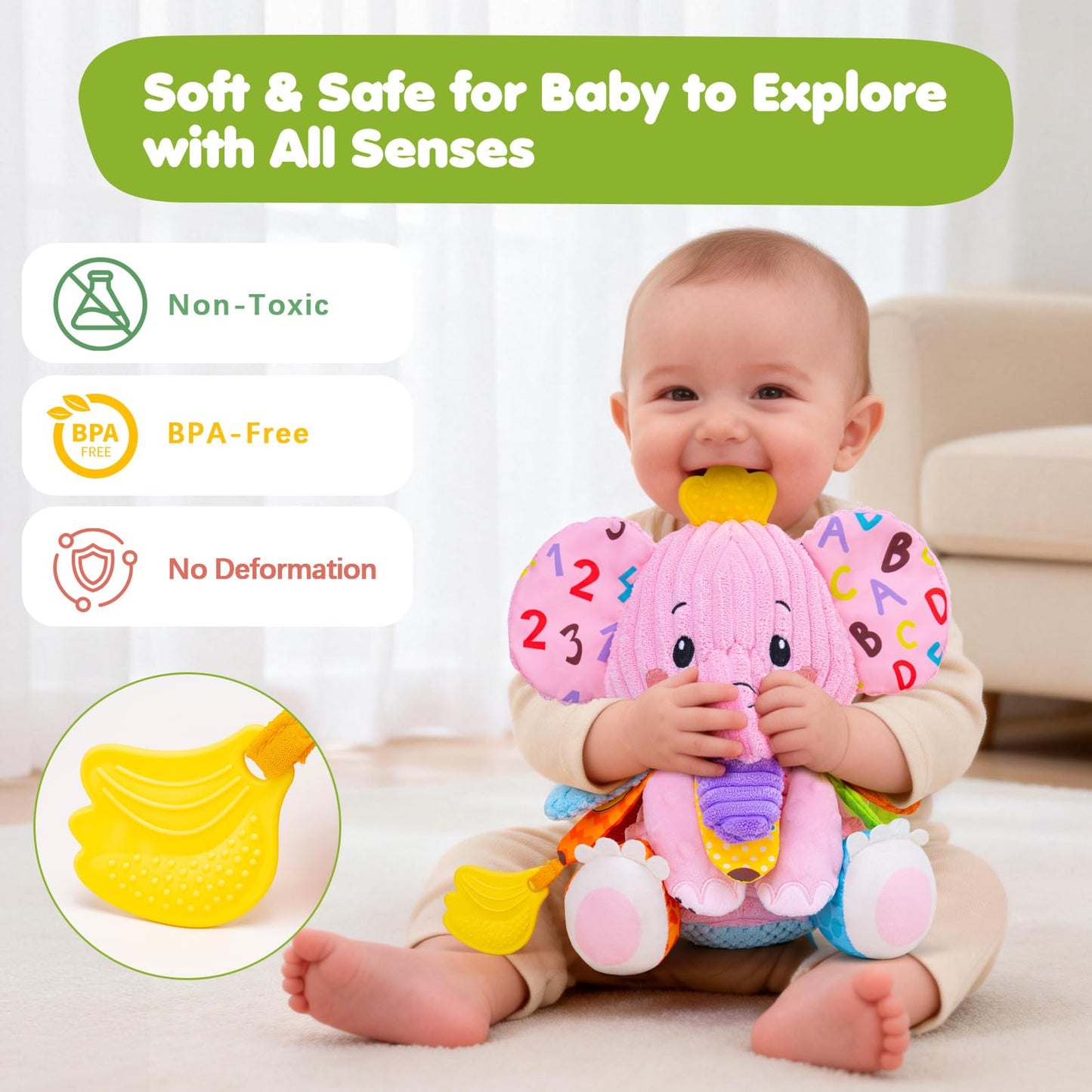 Baby Girl Toys 0-6 6-12 Months, Sensory Musical Toddler Toy for 3 4 5 6 7 8 9+ Months, Pink Elephant Plush Infant Toy with Teether, Crinkle, Rattle Baby Mirror for Tummy Time Newborn