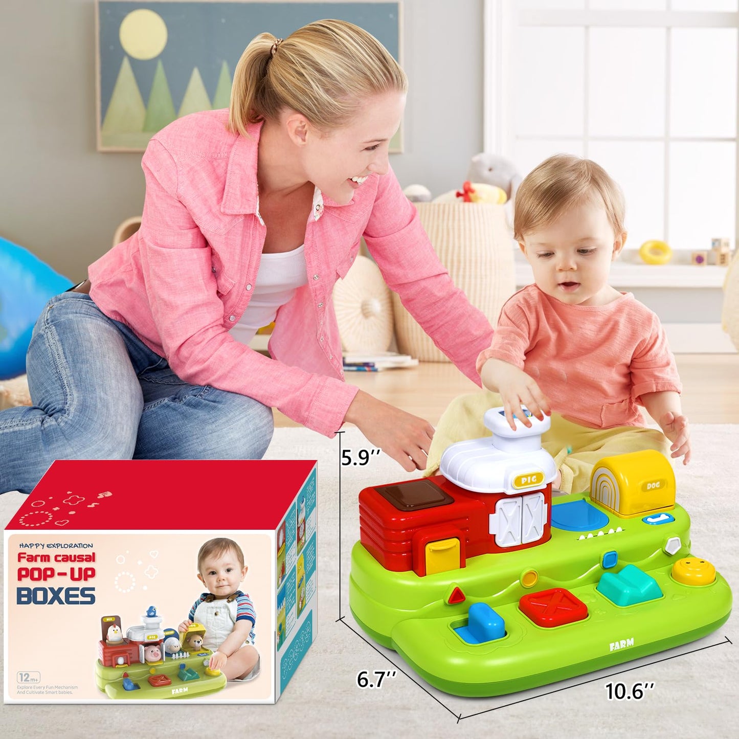 Vunrahsg Interactive Pop Farm Animal Up Toys with Music Sounds Montessori Cause and Effect for 1-3 Baby Boy Girl Early Educational Musical Baby Infant STEM Gift 12-18 Months Babies Birthday