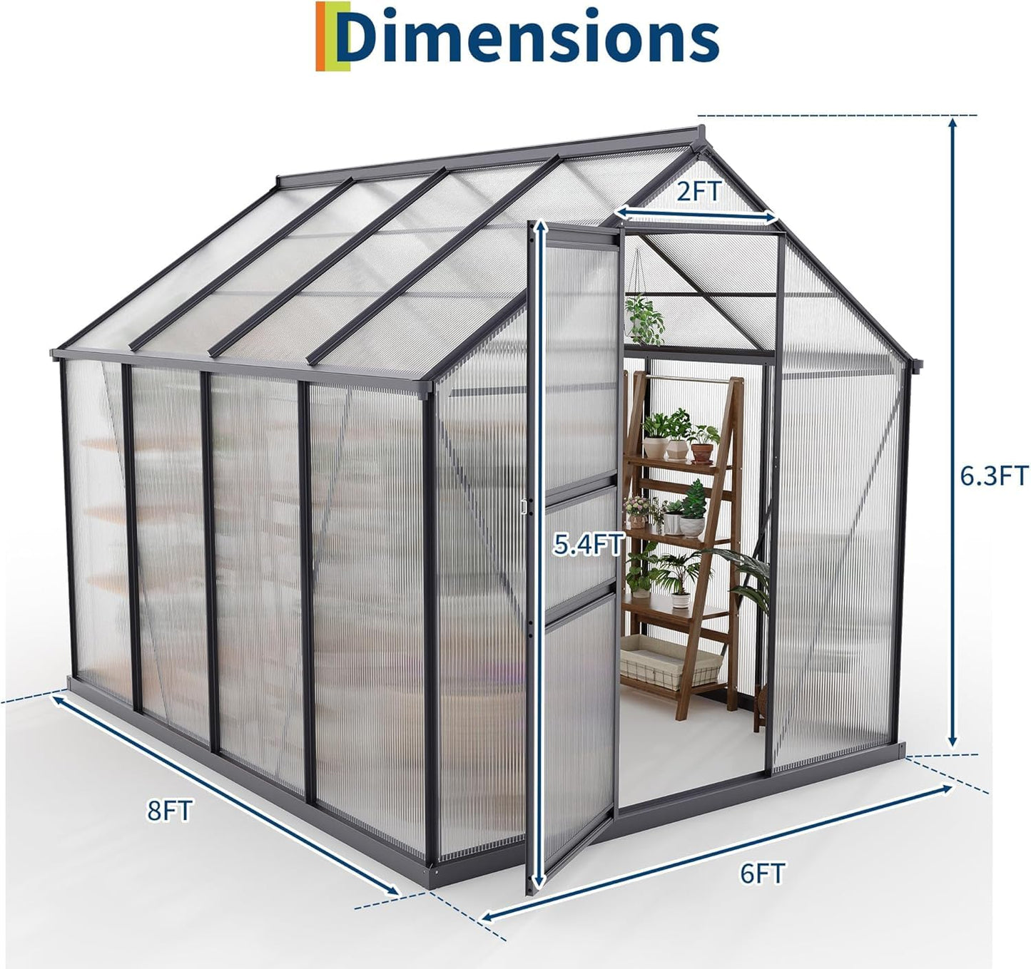 Greenhouse Sturdy Polycarbonate Walk-in Green House of Aluminum Frame w/ Roof Vent & Wind Resistance for Garden Backyard, Quick Setup, 8 ft x 6 ft