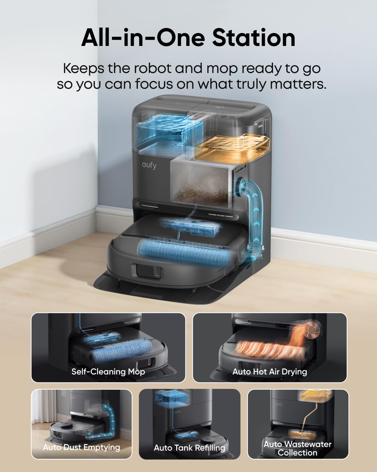 eufy Robot Vacuum C28 for Pet Hair, 15,000 Pa Suction, HydroJet™ Self-Cleaning Roller Mop, DuoSpiral Anti-Tangle Brush, All-in-One Auto-Empty Station, AI Obstacle Avoidance