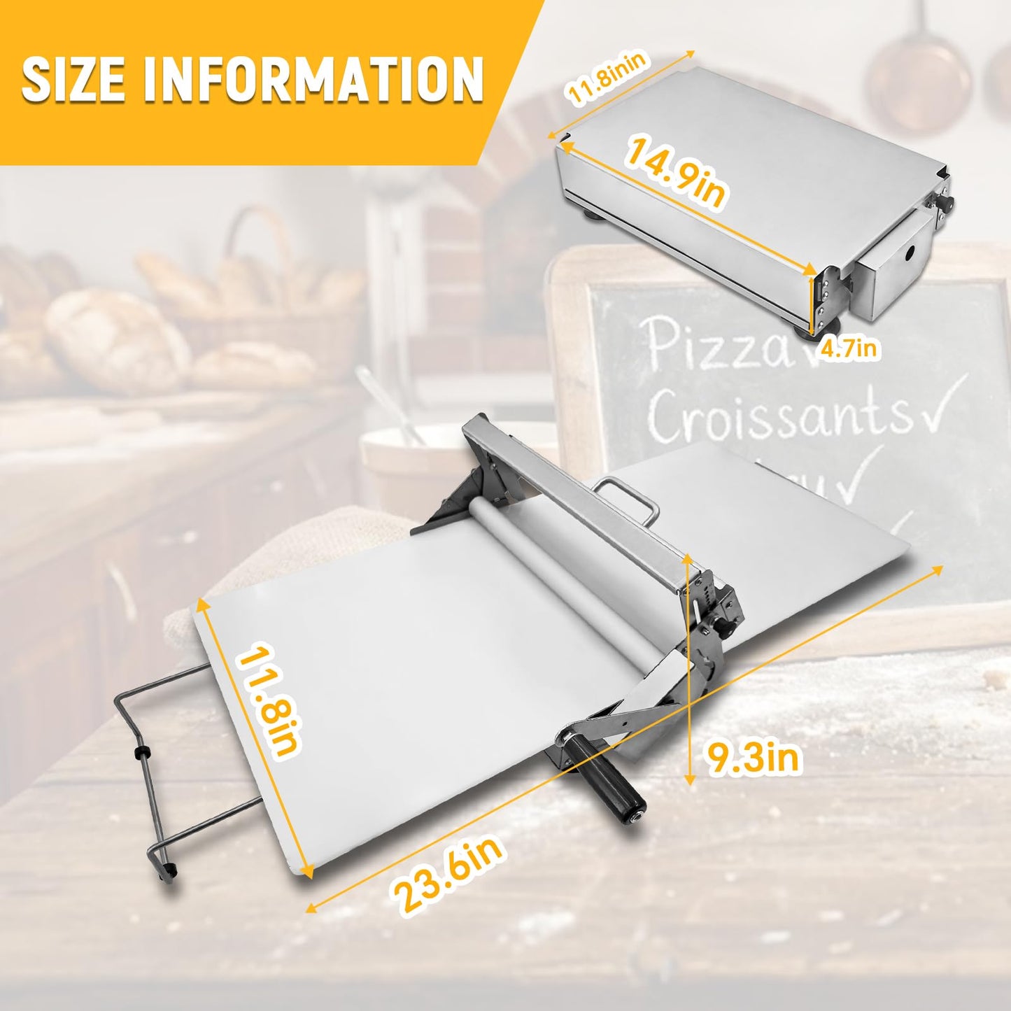12" Folding Dough Sheeter with 23.6" x 11.8" Sheeter Board, Manual Dough Roller Machine with 0-25mm Adjustable Thickness Settings Stainless Steel for Pizza Croissants Pastry and Crust