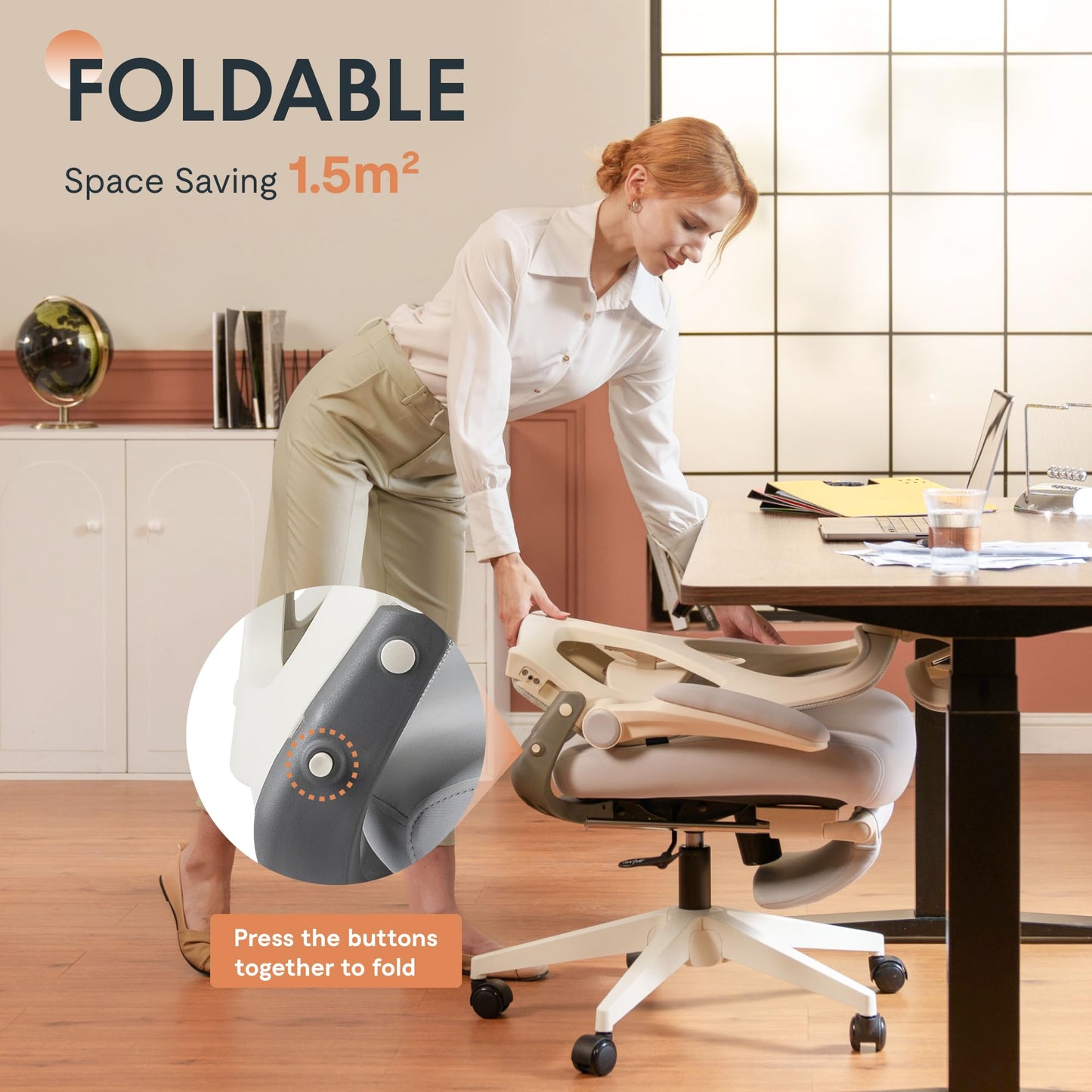 FLEXISPOT Foldex Ergonomic Office Chair, Folding Chair for Small Spaces with Lumbar Support, Flip-up Armrests, 3D Headrest, Desk Chairs with Footrest for Work,Video Game (Foam Seat, Cream)
