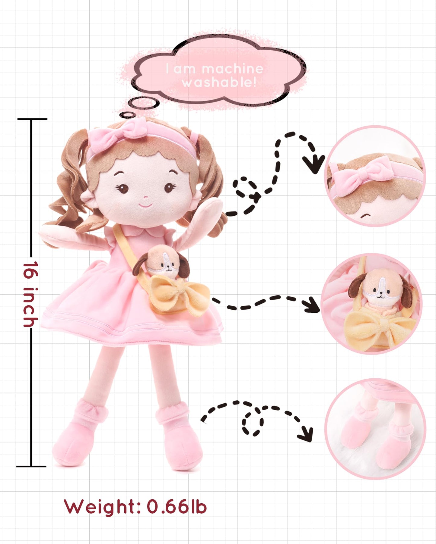LeyaDoll Soft Baby Doll Toys (16''), My First Baby Rag Doll for 1 Year-Old Girl Birthday Gift, Christmas Plush Toys Gift for Toddler Kids Infants-Daydream-Mia-and-Her-Pet-Dog