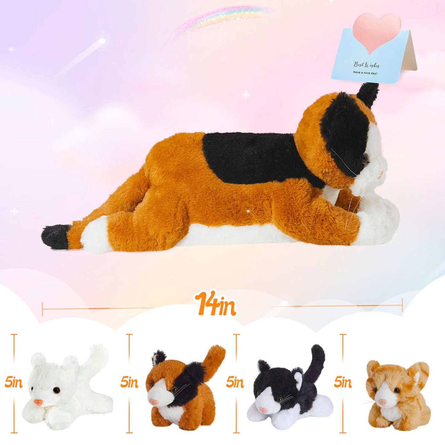 Houwsbaby 5-Piece Cat Plush Toy Set - Mommy Cat with 4 Kittens, Kitty Surprise, Parent-Child Stuffed Animals for Kids, 17''