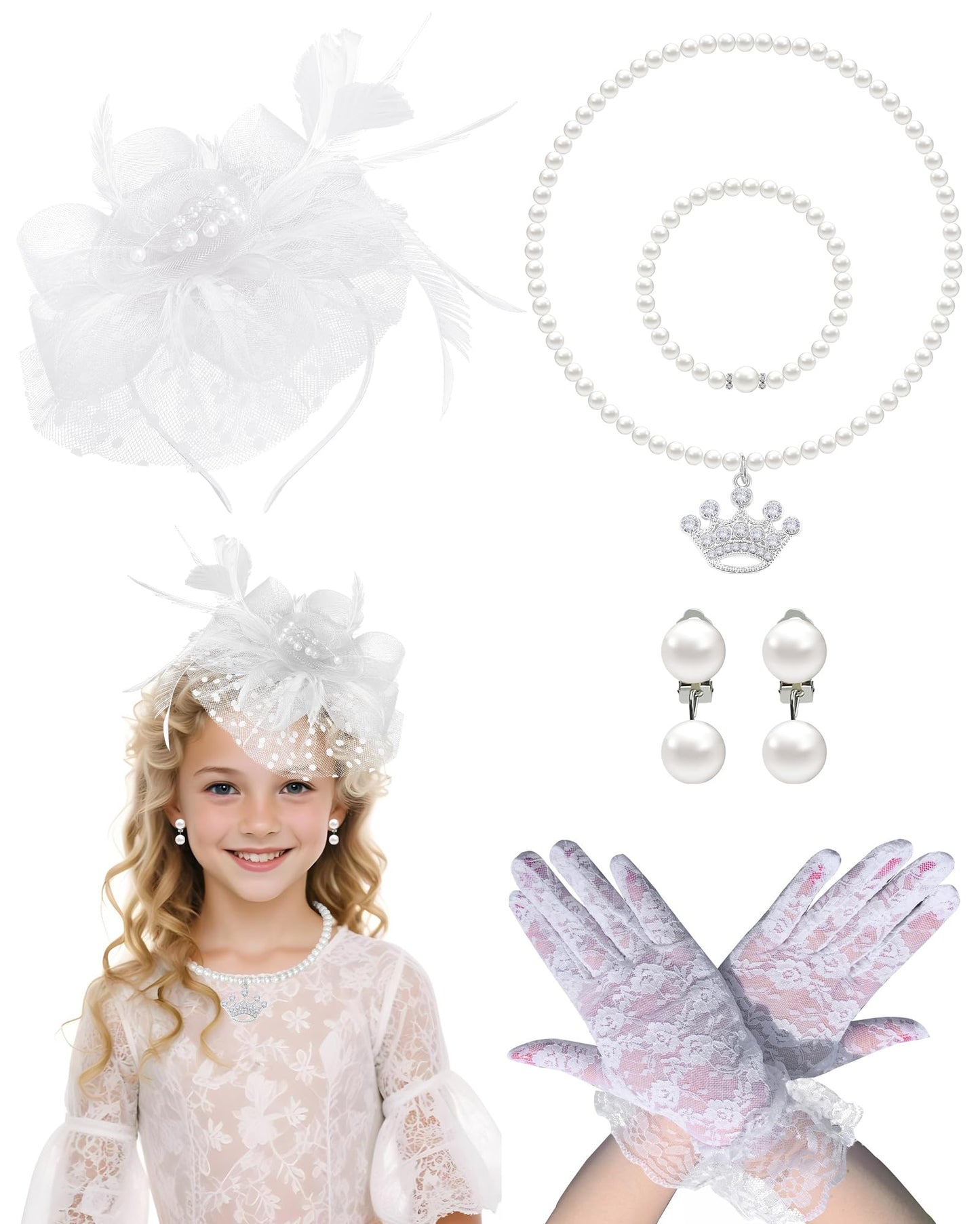 5Pcs Girls Tea Party Fascinators Hats Tea Party Headband and Lace Glove Set for Girls 1920s Party