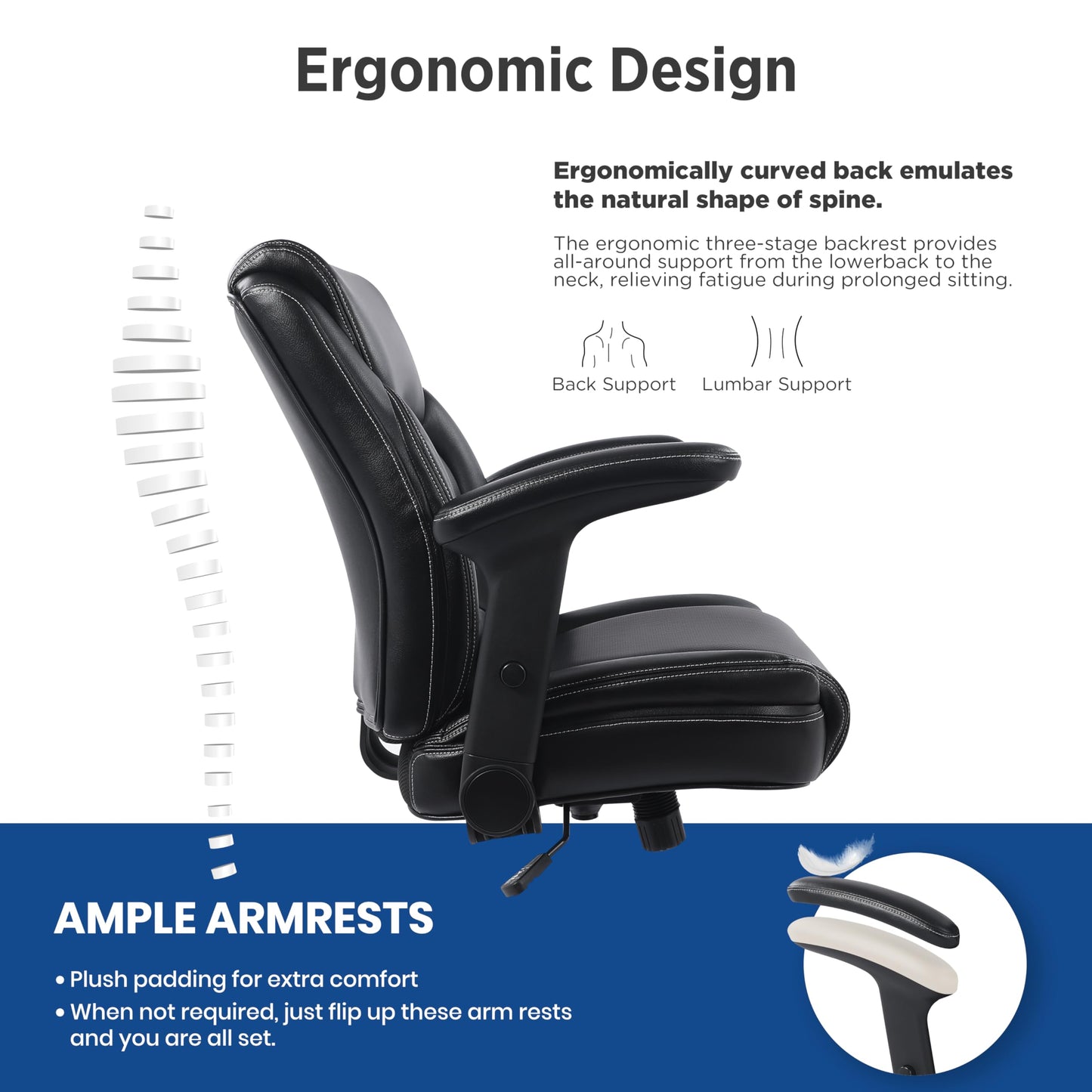 Ergonomic Heavy Duty Mid-Back Padded Bonded Leather Padded Adjustable-Height/Tilt Office Chair, Comfortable Swivel Computer Desk Task Office Stool with Functional Arms, Design for Sedentariness, Black