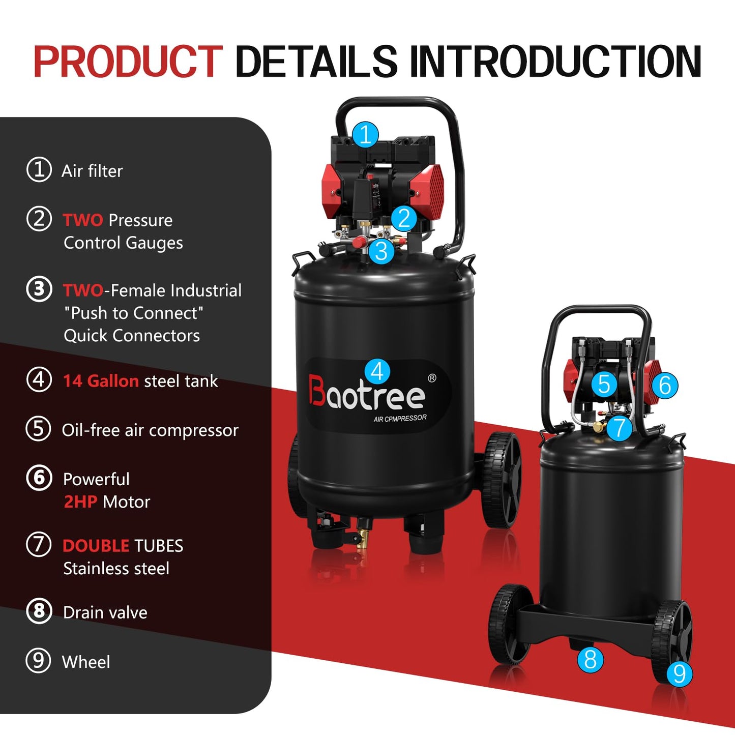 Baotree 14 Gallon Ultra Quiet Air Compressor with Two Quick Couplers, 2HP 8.75 CFM, Max 115 PSI Pressure Oil-Free Air Compressor Tank, 70dB Quiet Compressor for Auto Repair, Tire Inflation