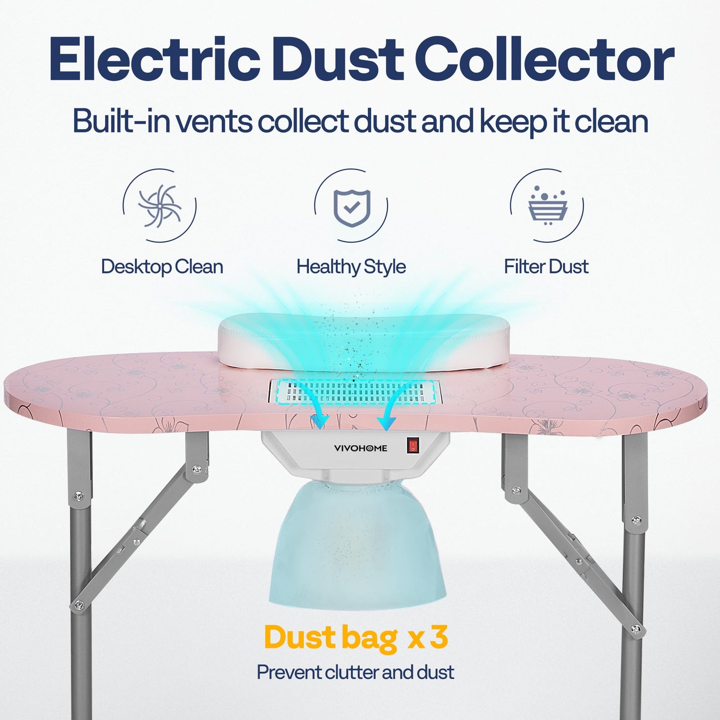 VIVOHOME Portable Manicure Nail Table on Wheels with Built-in Dust Collector, Updated USB-Plug LED Table Lamp, Carry Bag for Home Spa Beauty Salon Workstation, Pink