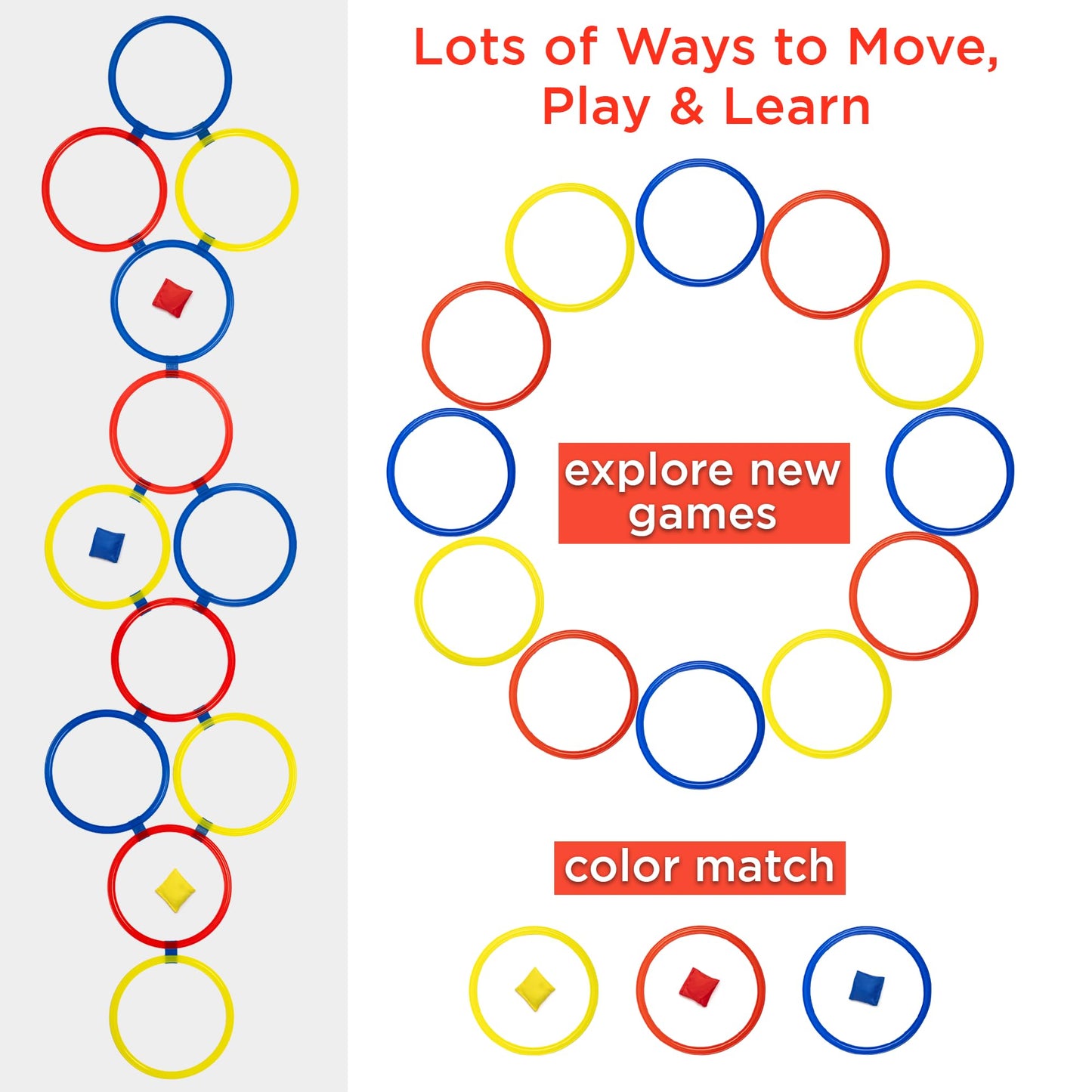 Covelico Kids Exercise Cards & Hopscotch Rings – 12 Rings + 3 Beanbags & 52 Activity Cards, Recess Toys, PE Equipment, Obstacle Course for Kids 3–5, Indoor & Outdoor