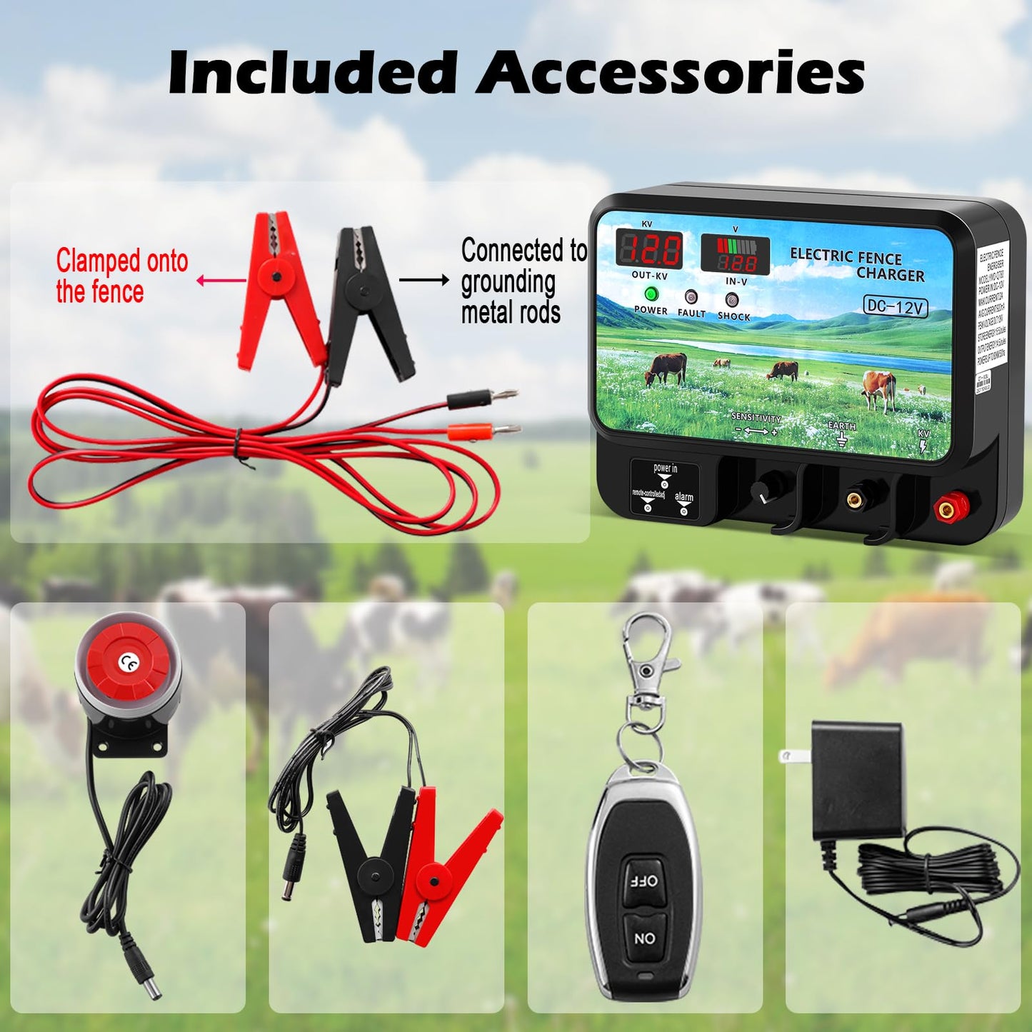 Watpumper 15.5 Joule Electric Fence Charger, 12KV Output, 600 Acres Coverage, DC 12V/AC 100-240V Input, Electric Fence Energizer with Alarm for Cattle, Cow, Goat, Horse, Livestock Protection, YMD-Q780