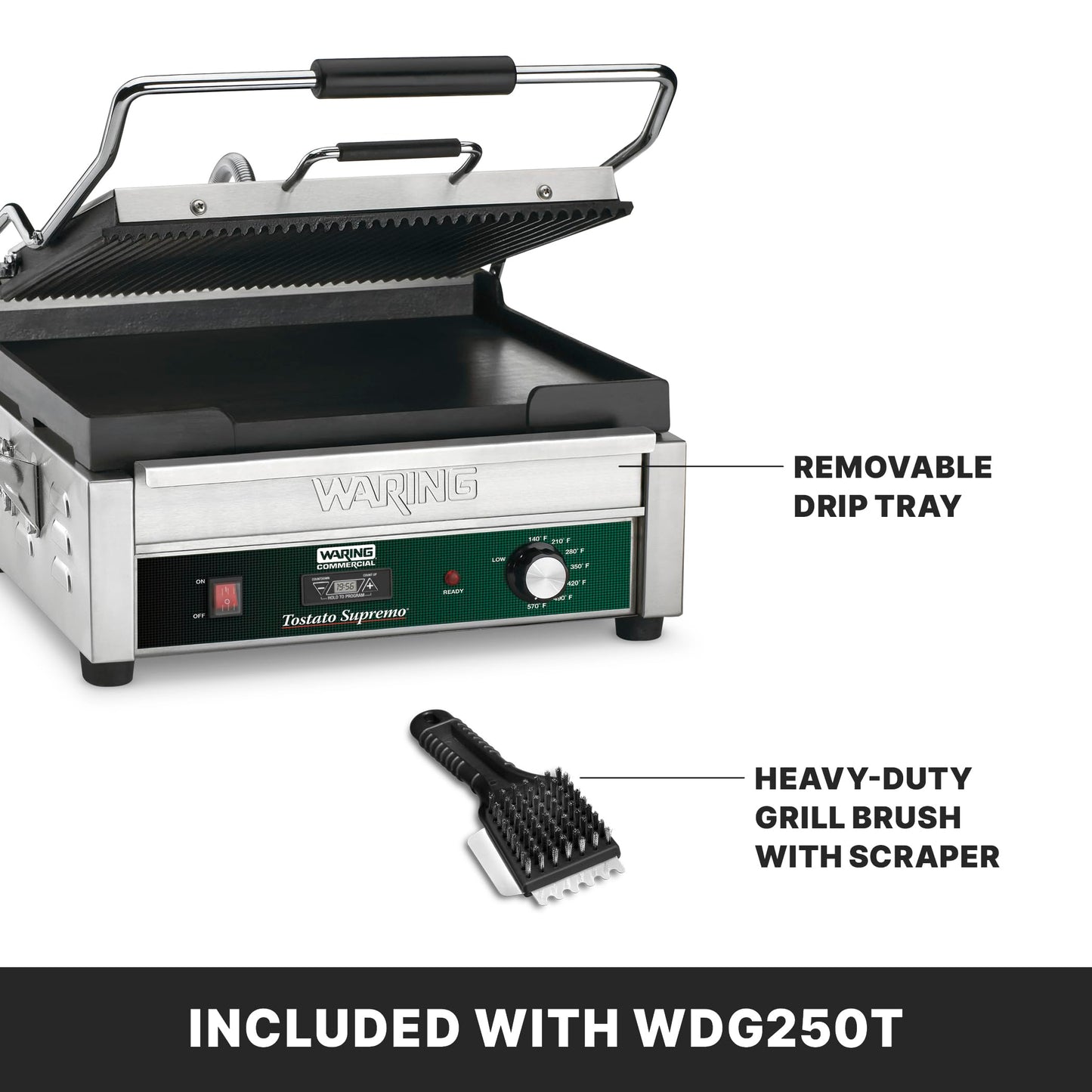 Waring Commercial WDG250T Tostato Supremo Ribbed Top Plate and Flat Bottom Plate Large Surface Panini Grill, With 20 Minute Timer, 120 V, 1800W, 5-15 Phase Plug