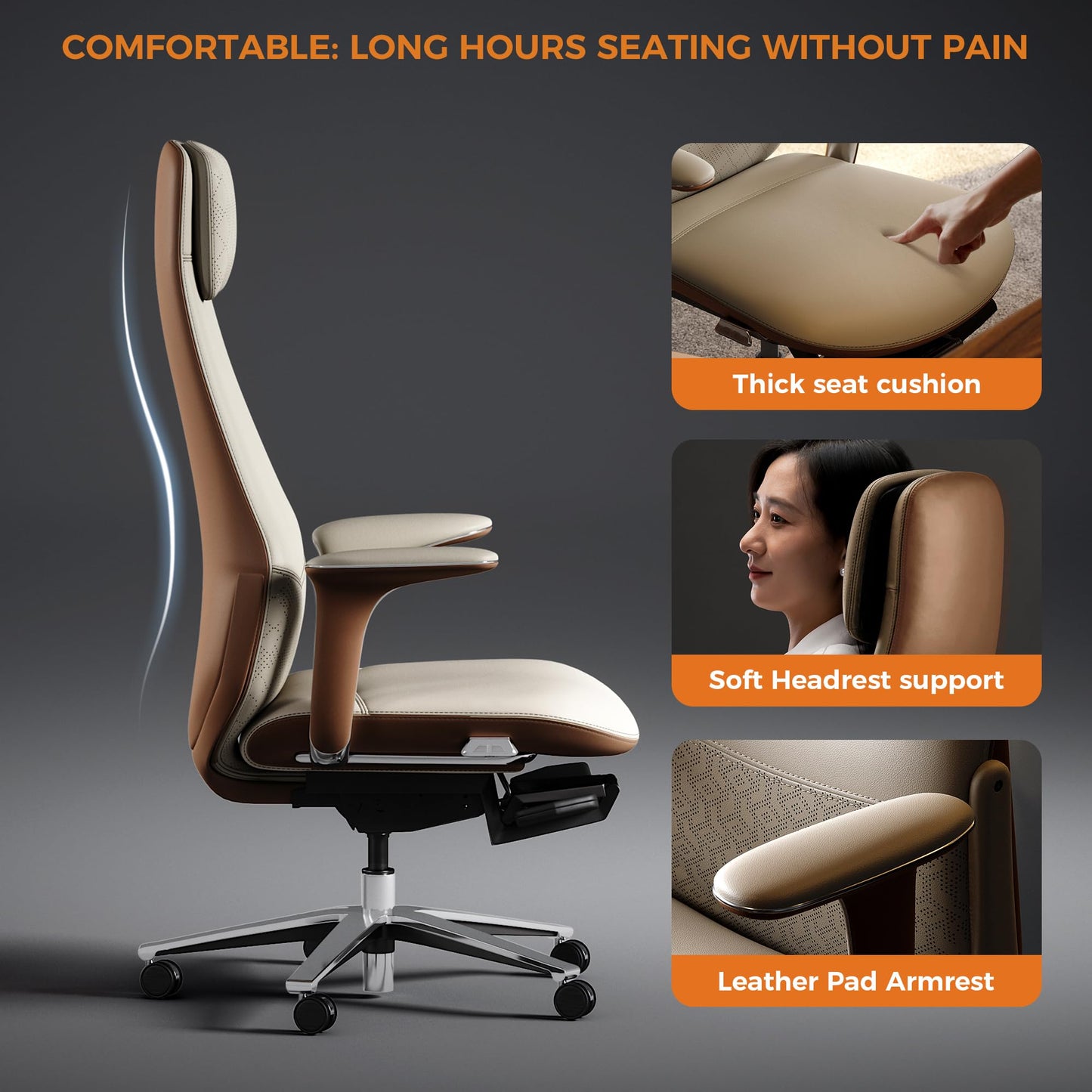 TOMU Executive Office Chair with Foot Rest, Top Grain Genuine Leather Office Chair, Ergonomic High Back Design. Real Leather, Wheels, Alumium Base. Padded Armrest, Luxury and Comfy (Beige)