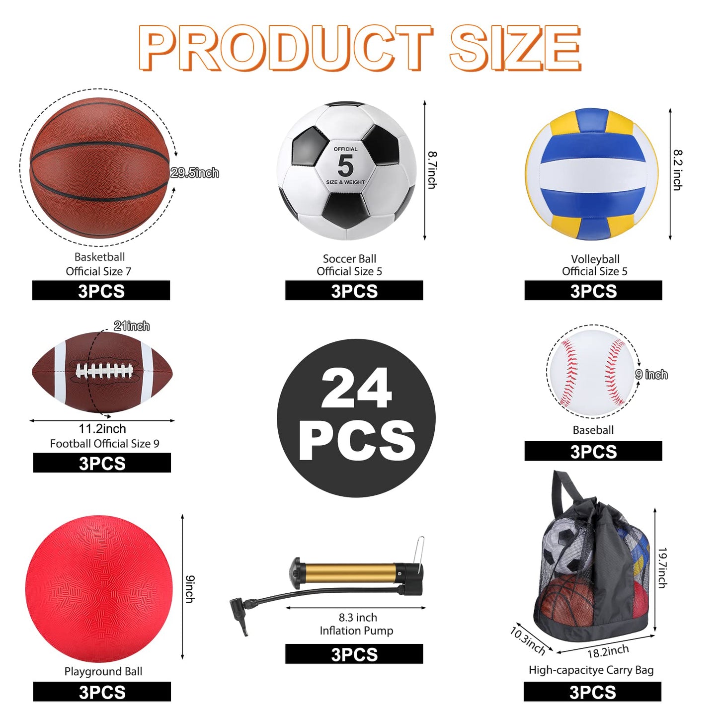 Leyndo 18 Pcs Sport Balls Bulk Set Basketball Football Volleyball Soccer Playground Baseball with Sport Equipment Bag Pump for Adults Gifts Outdoor Indoor(Brown)
