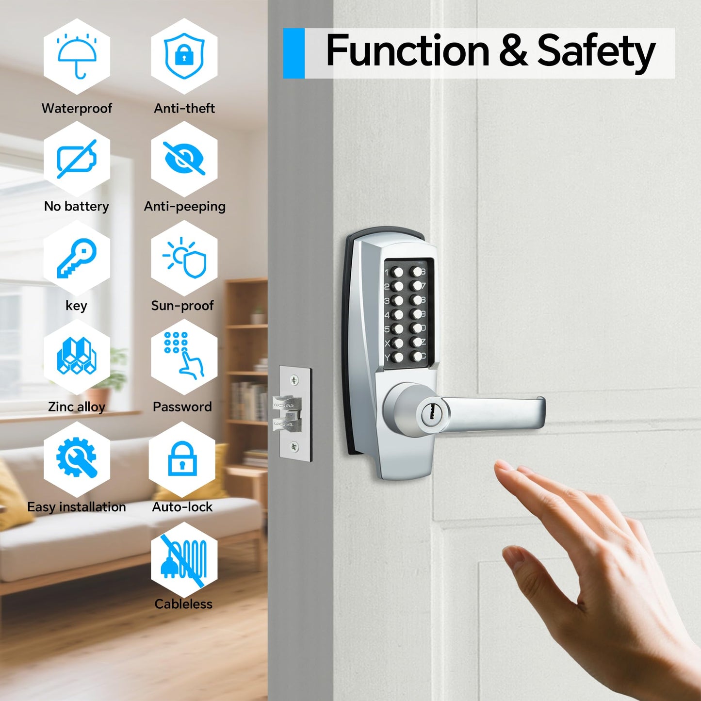 Mechanical Entry Door Lock, 14 Digital keypad,Weatherproof deadbolt with Handle, Security Heavy Duty Outdoor Lock Without Electronic, Easy Installation, for Home, Yard-gate, Office, Chrome