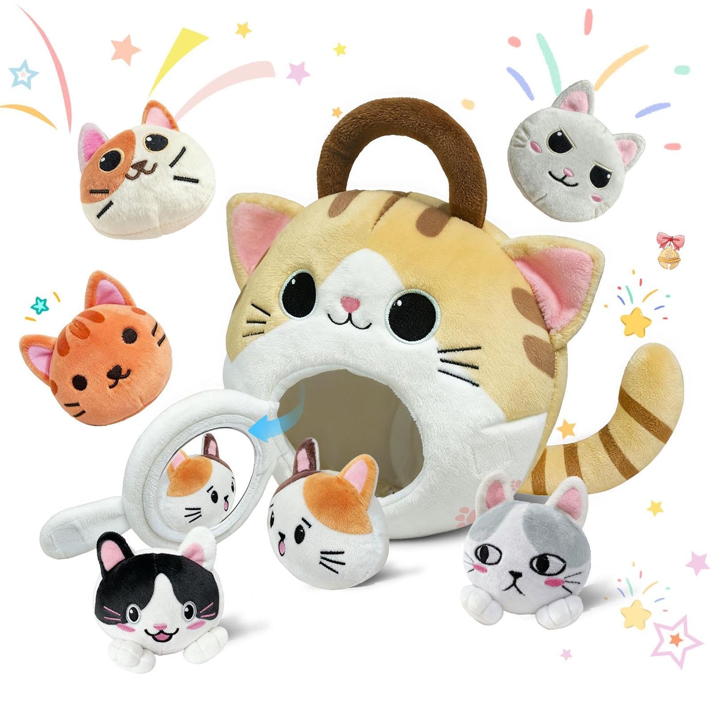 hittaty Cat Stuffed Animal House- Plush Kitten Toy Set with 6 Soft Cats Interactive & Portable Plush House Kitties Carrier Playset for Toddlers & Kids, Sensory Toys Boy Girl Birthday Gift