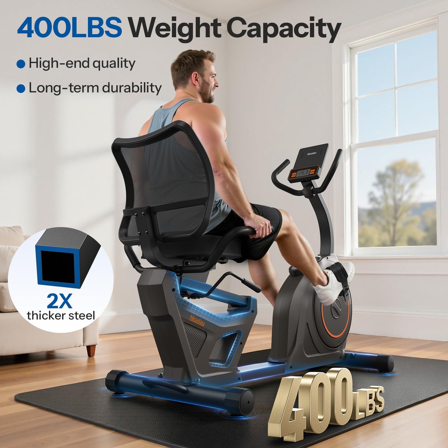 Niceday Recumbent Exercise Bike, Recumbent Bike for Home, Recumbent Stationary Bike 400LBS Weight Capacity, Magnetic Recumbent Bike with Smart APP, LCD Monitor, Heart Rate Handle