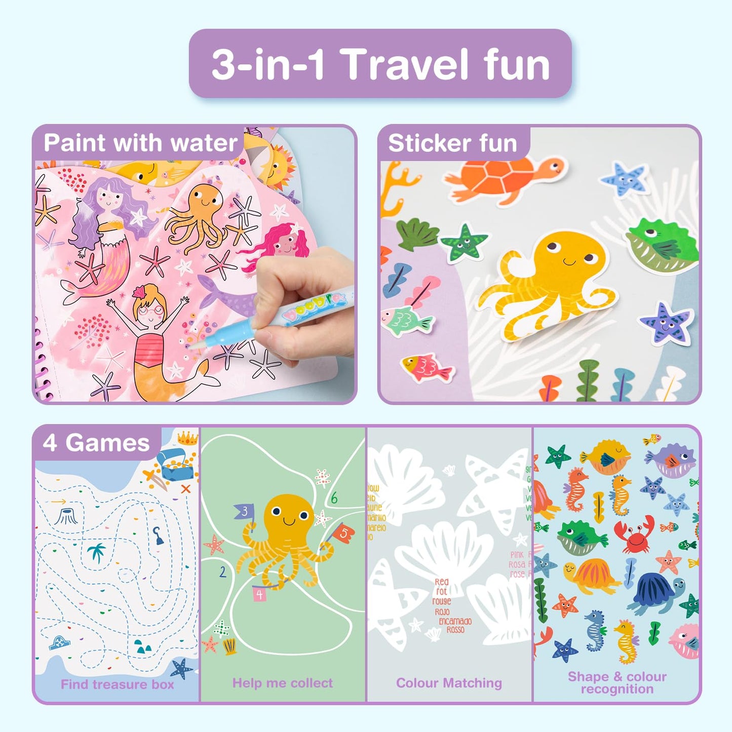 Avenir Reusable Water Coloring Book for Toddlers 3-5 – Mess-Free Paint-with-Water Travel Toy Airplane Activities Road Trip Quiet Book, Water-Reveal Activity Pad, 3-in-1 Creative Set