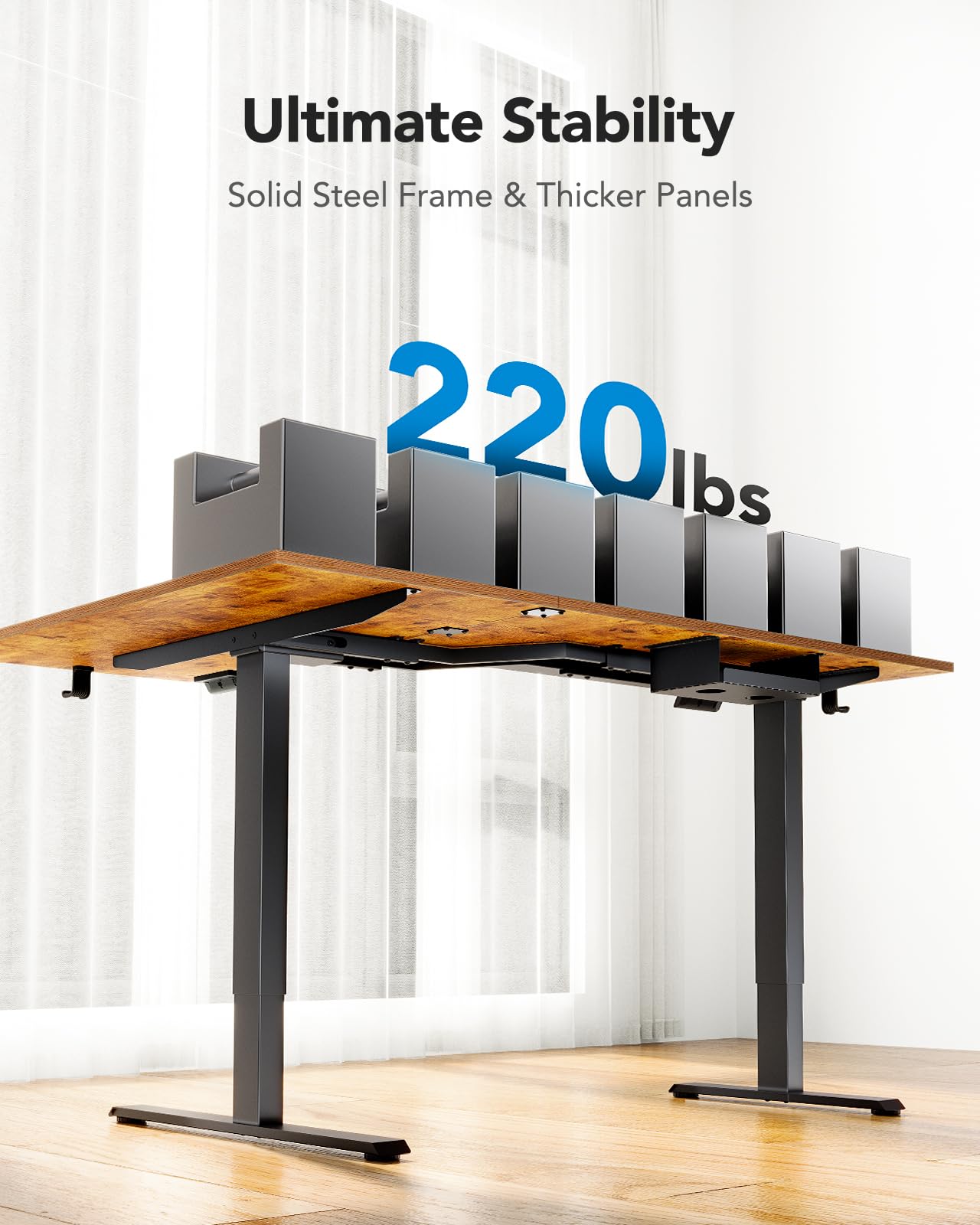 HUANUO 63x40 inch Dual Motor L Shaped Electric Standing Desk with 3 Preset Heights, Electric Height Adjustable Computer Table, 2 Hooks & Cable Tray, Raising Desk for Home Office, Vintage Brown