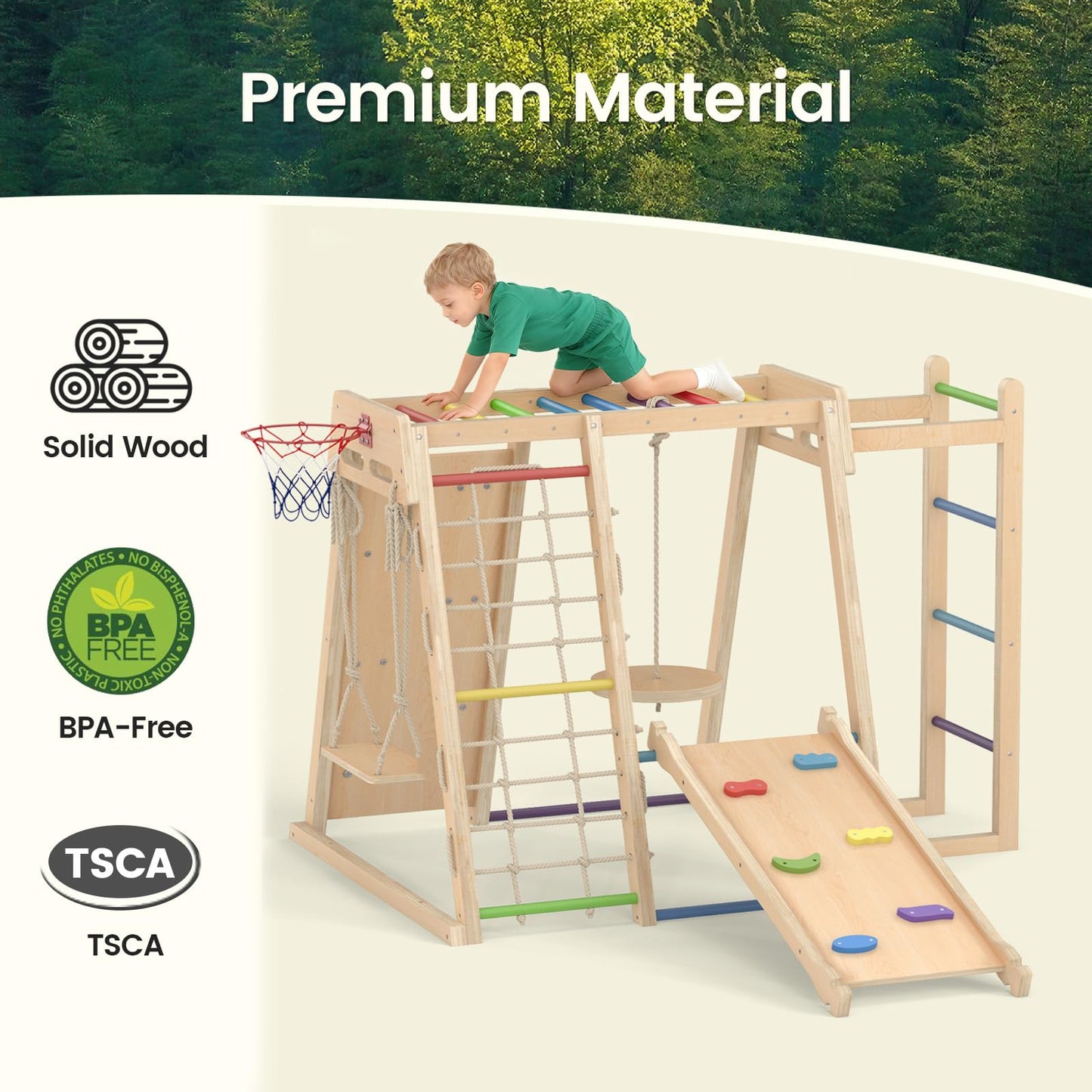 OLAKIDS Indoor Jungle Gym, 9 in 1 Wooden Montessori Baby Climbing Toys with Adjustable 2 Swings Ramp, Monkey Bar Basketball Hoop Ladder Climb Net (Colorful)