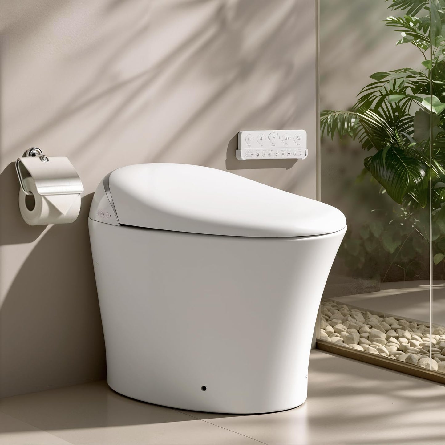 ELLAI Silver Strip Artistic Smart Toilet,Powerful Flush,Auto Open/Close,Comfort Height,Instant Warm Water&Dryer,Remote,Foot sensor,Auto flush,Heated seat,Deodorization,Low water pressure requirement