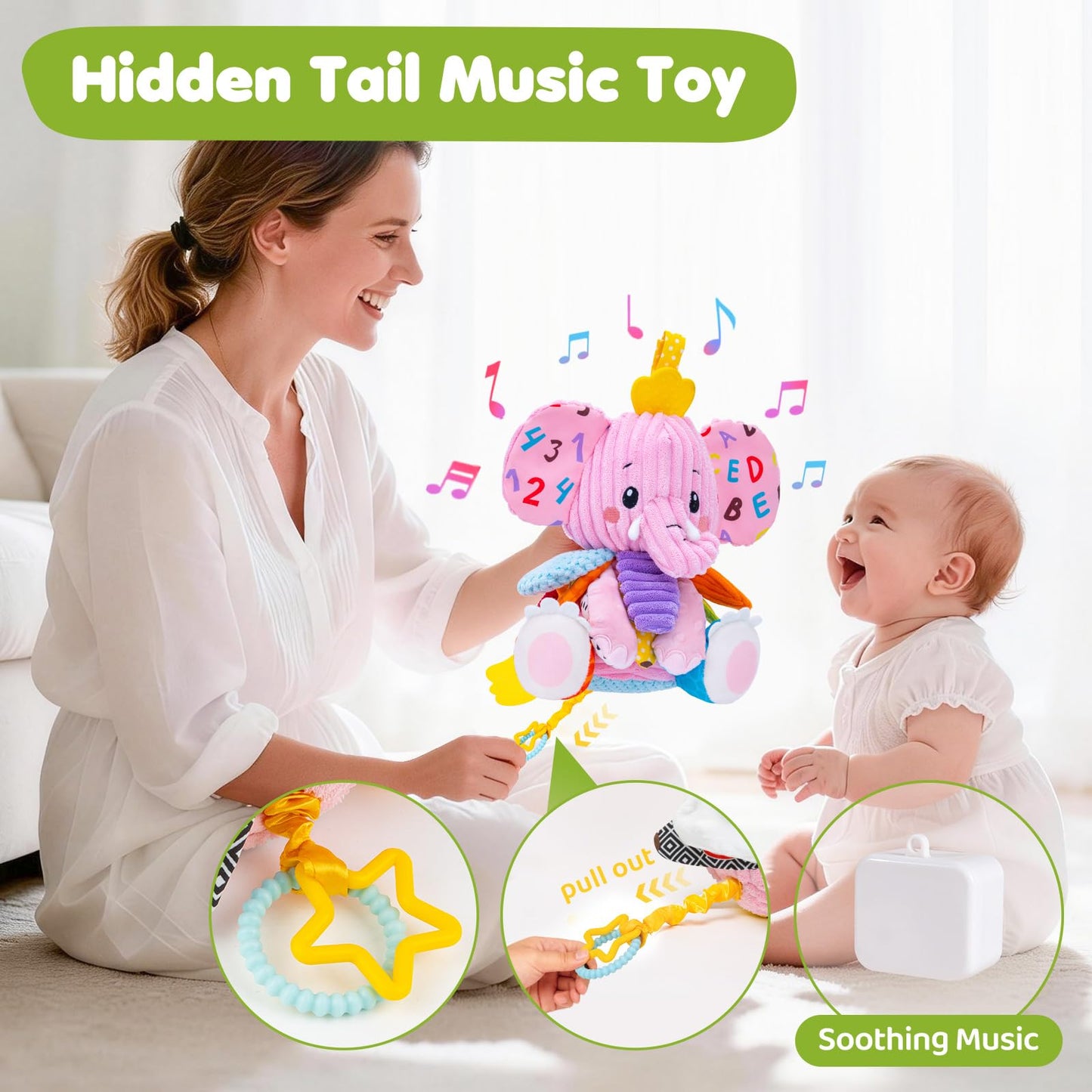 Baby Girl Toys 0-6 6-12 Months, Sensory Musical Toddler Toy for 3 4 5 6 7 8 9+ Months, Pink Elephant Plush Infant Toy with Teether, Crinkle, Rattle Baby Mirror for Tummy Time Newborn