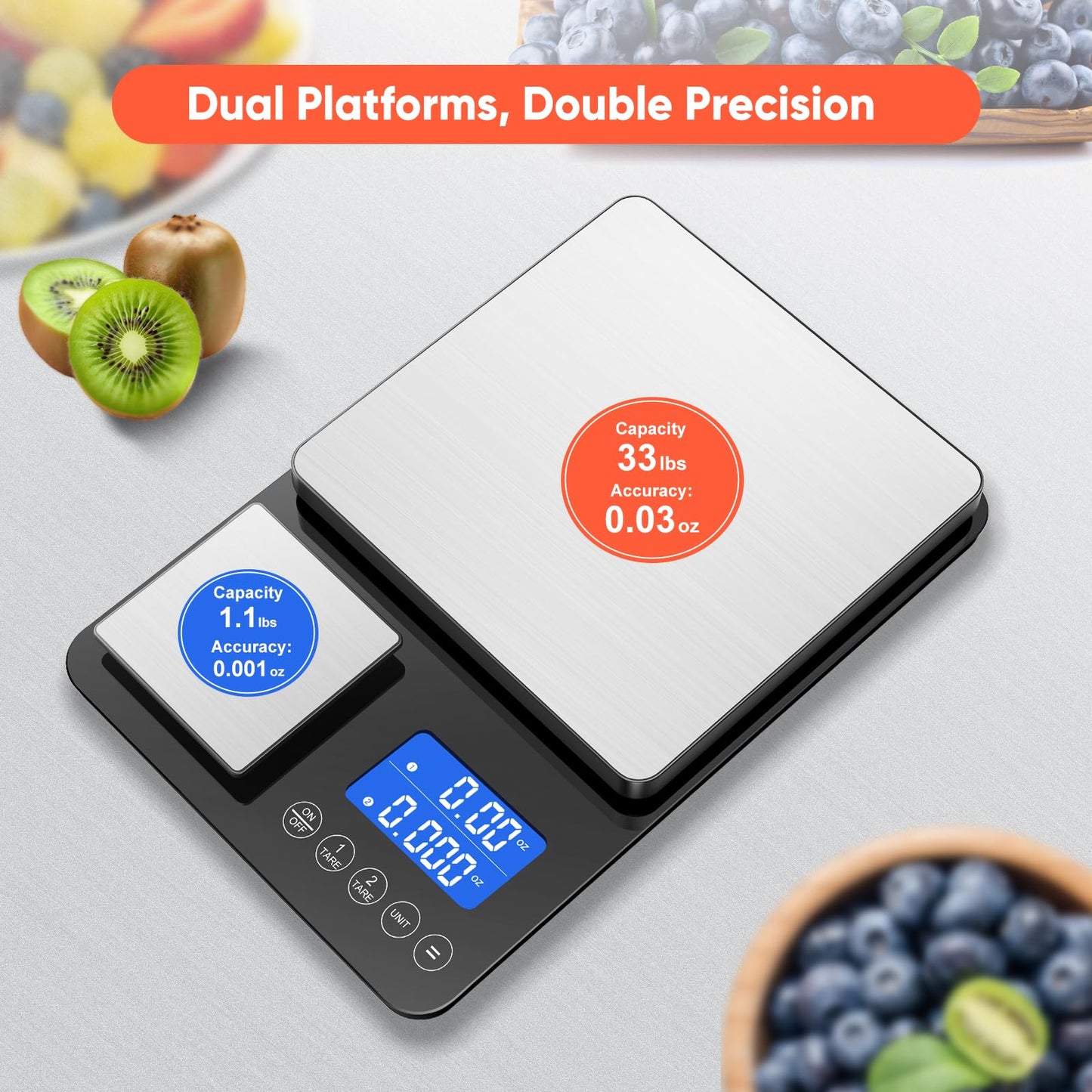 KUAIVO 0.001 oz / 33 lb Dual Platform Kitchen Scale, Digital Food Scale with Two Precision Surfaces, LCD Display, 7 Units, Tare & Accumulation Functions – Perfect for Baking, Sourdough, and Cooking