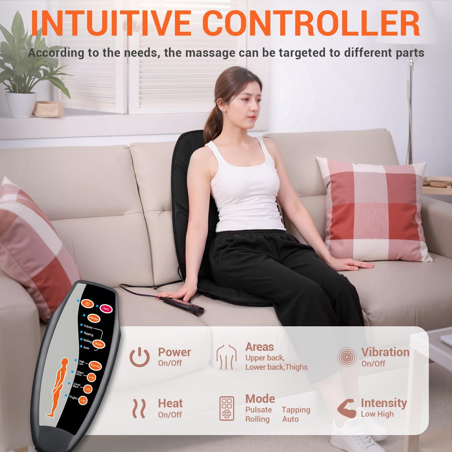 CARSHION Massage Seat Cushion with Full Back Thighs Heat Back Massager for Chair with 3 Heating Pads 6 Vibrating Motors, Massage Chair Pad for Home Office, Heated Seat Cover Warmer for Pain Relief